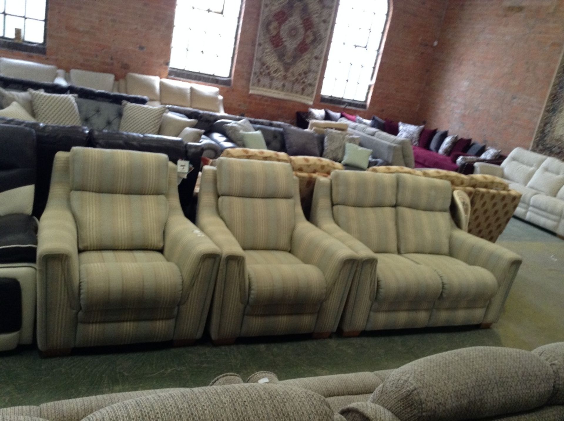 GREEN AND GOLD STRIPED 2 SEATER SOFA AND 2 CHAIRS