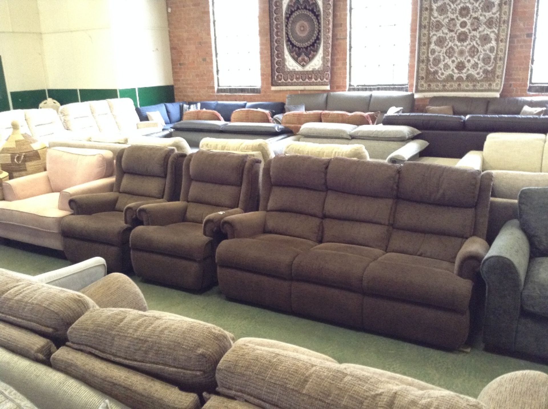 BROWN HIGH BACK 3 SEATER SOFA AND 2 CHAIRS (TR0009