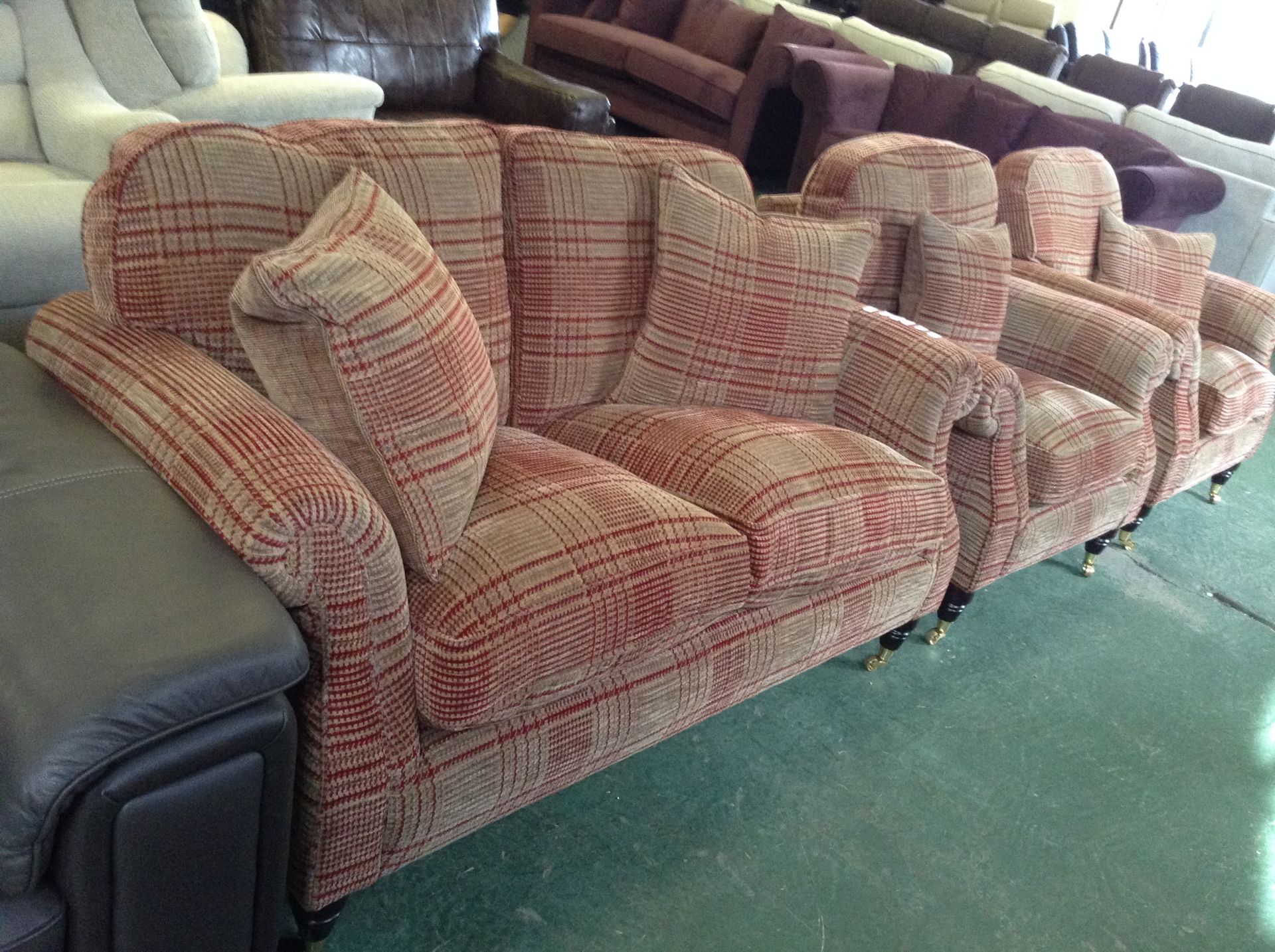 RED AND GOLD CHECKED 2 SEATER SOFA AND 2 CHAIRS