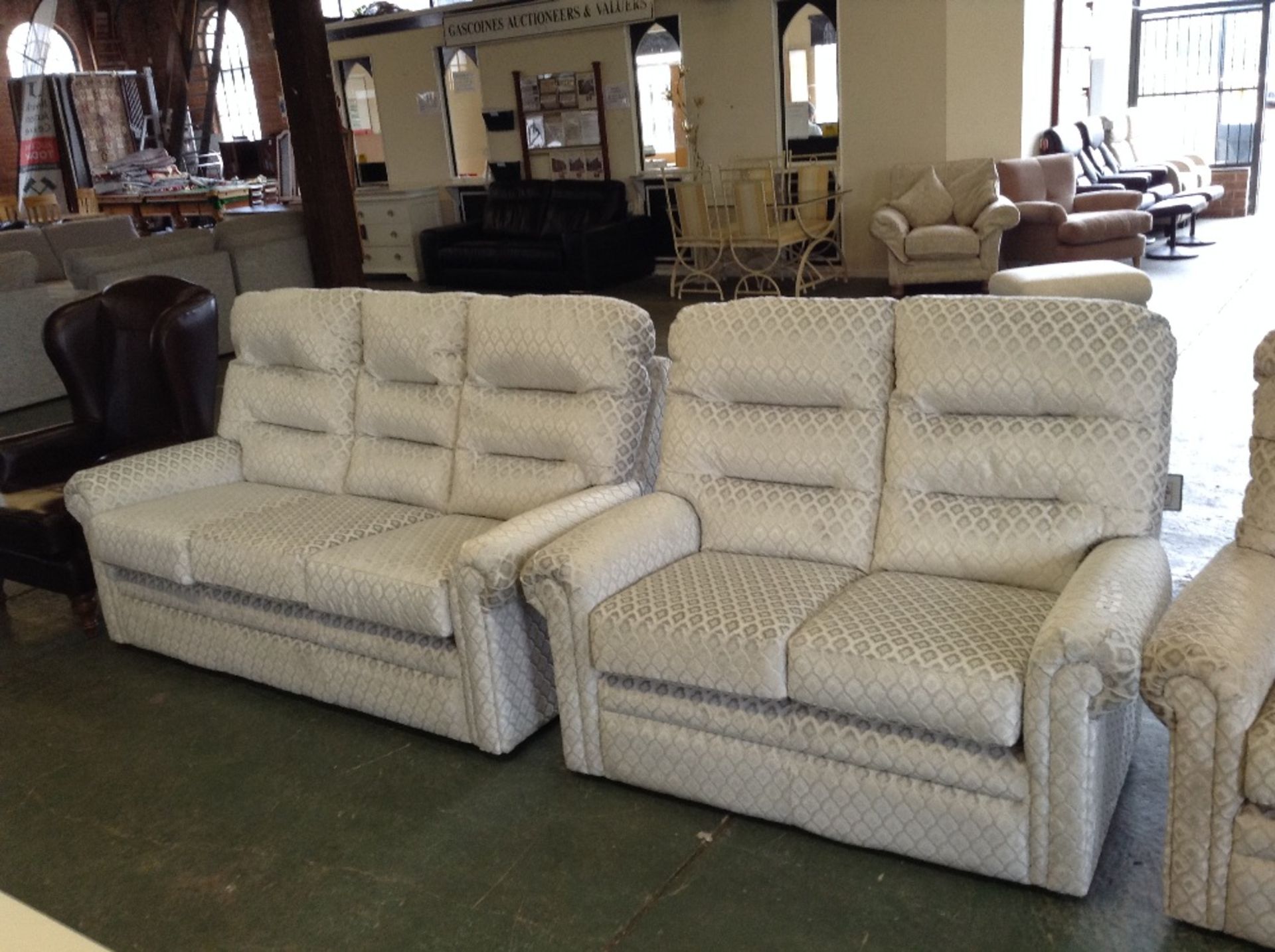 SILVER PATTERNED HIGH BACK 3 SEATER SOFA AND 2 SEA