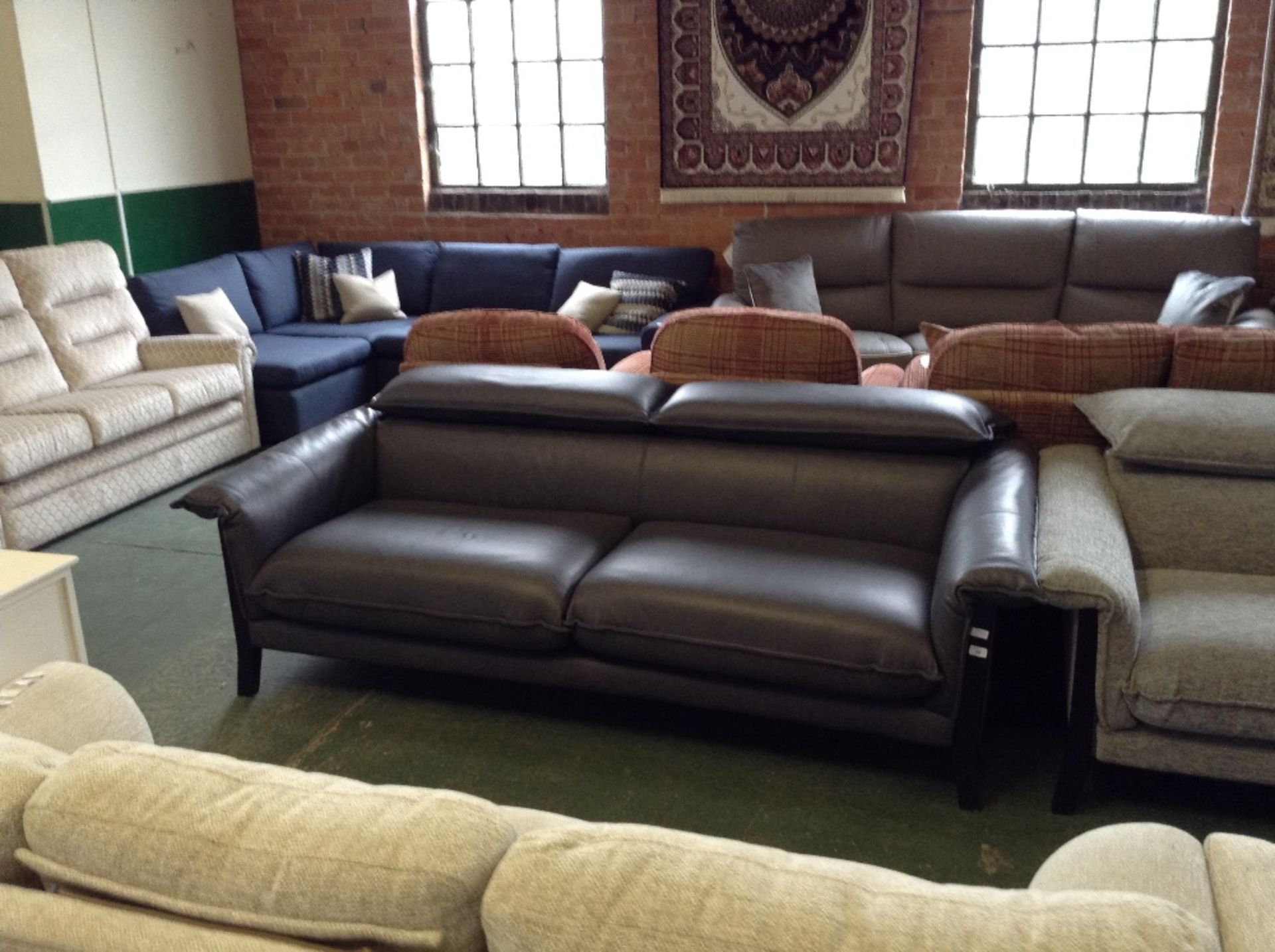 LECCO GREY LEATHER 3 SEATER SOFA WITH ADJUSTABLE H