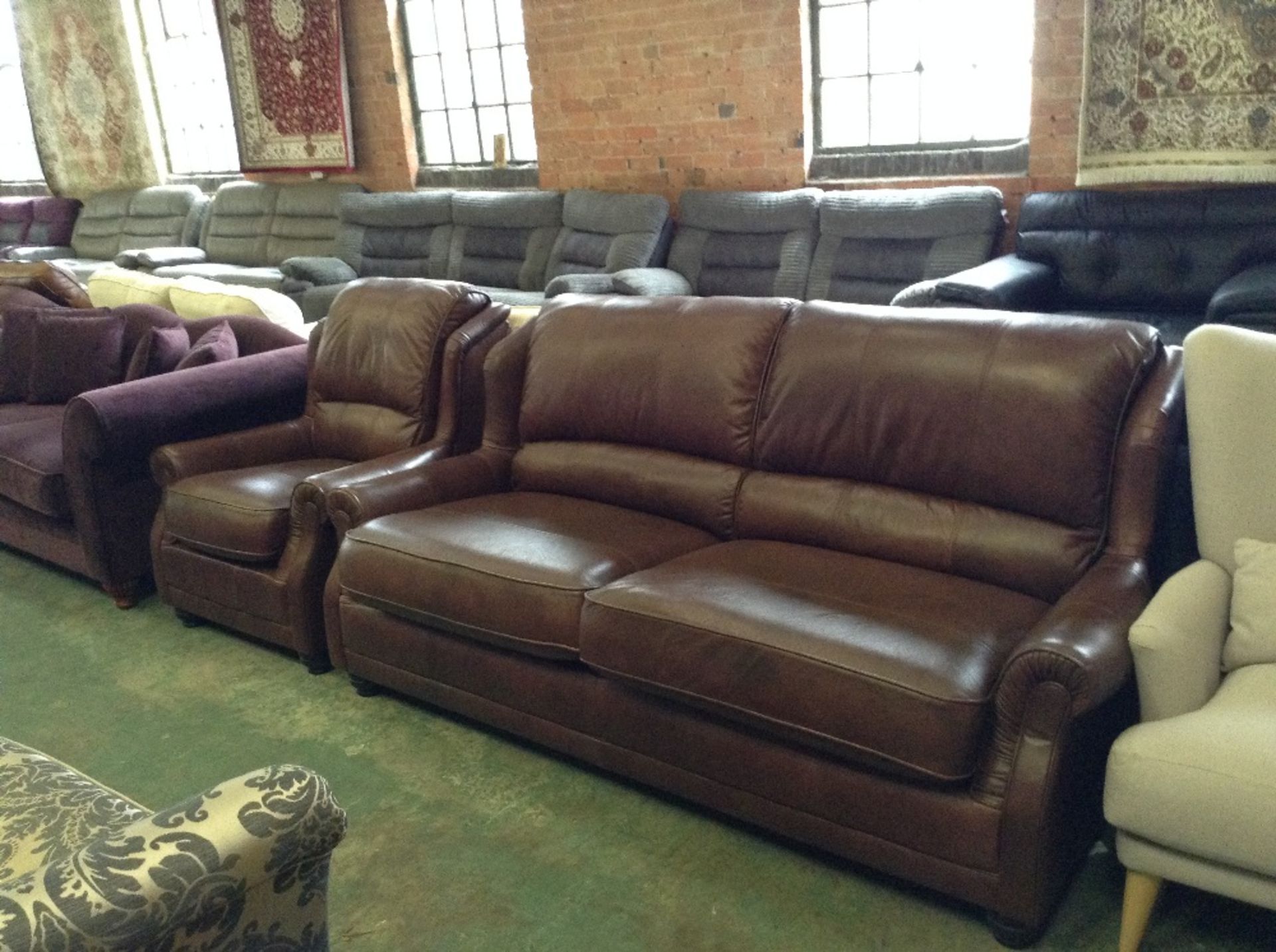 BROWN LEATHER HIGH BACK 3 SEATER SOFA AND CHAIR