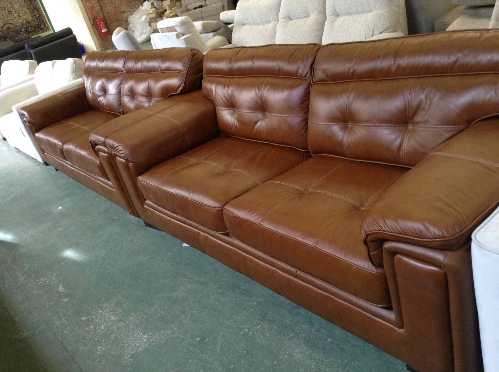 2 x BROWN LEATHER 3 SEATER SOFAS WITH WHITE STITCH (30512-30513)