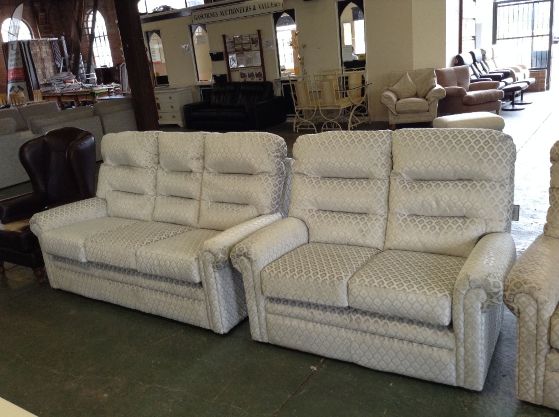 SILVER PATTERNED HIGH BACK 3 SEATER SOFA AND 2 SEA