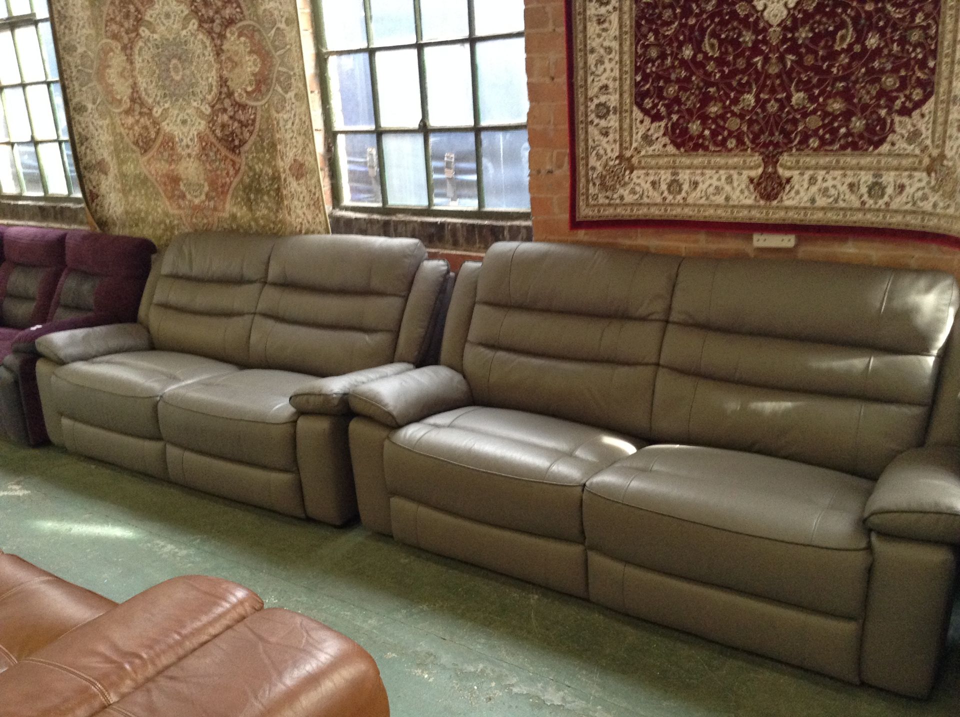 2 x GREY LEATHER 3 SEATER SOFAS WITH BROWN BEADING (20522-20523)