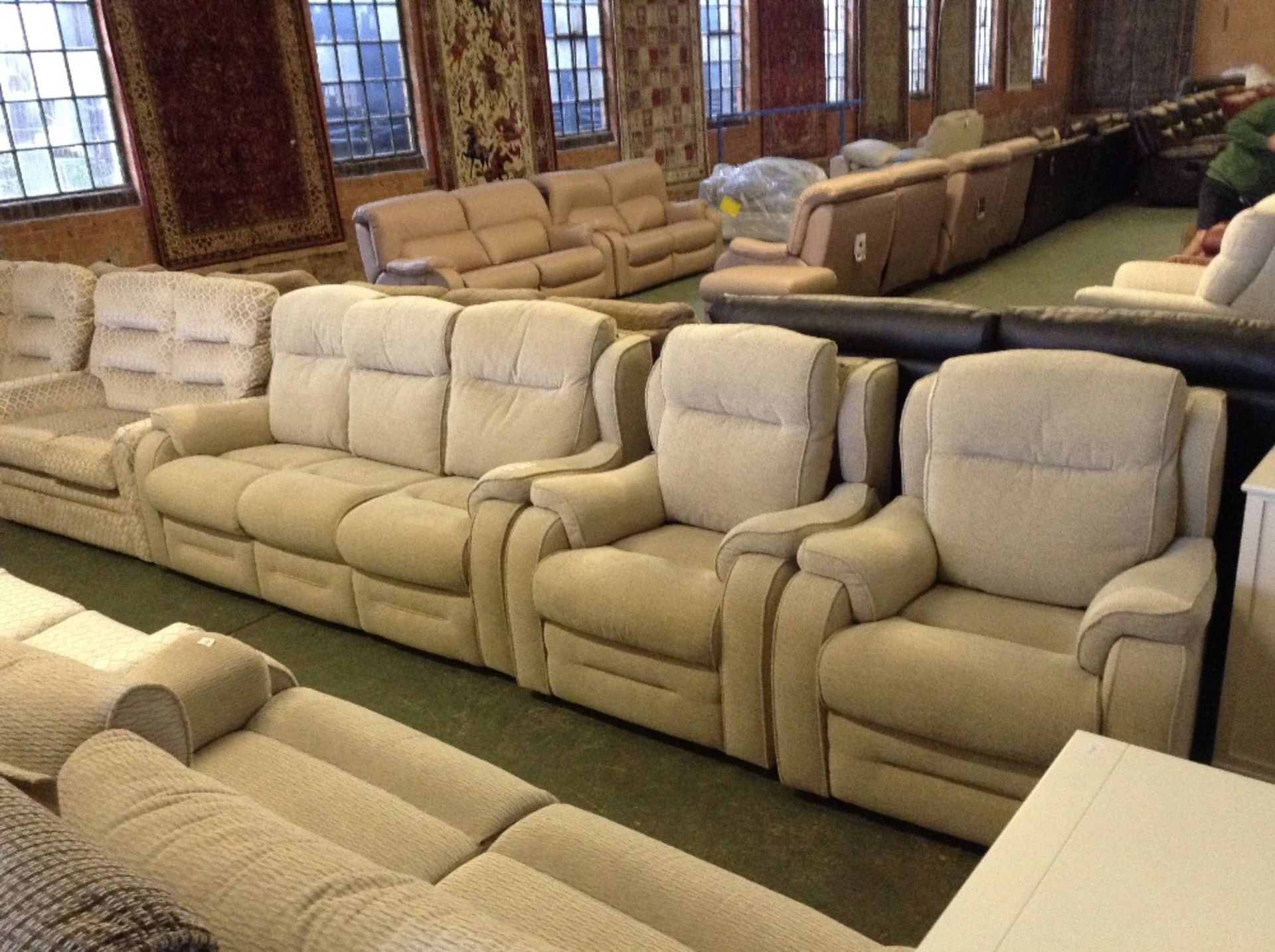 BISCUIT 3 SEATER SOFA AND 2 ELECTRIC RECLINING CHA