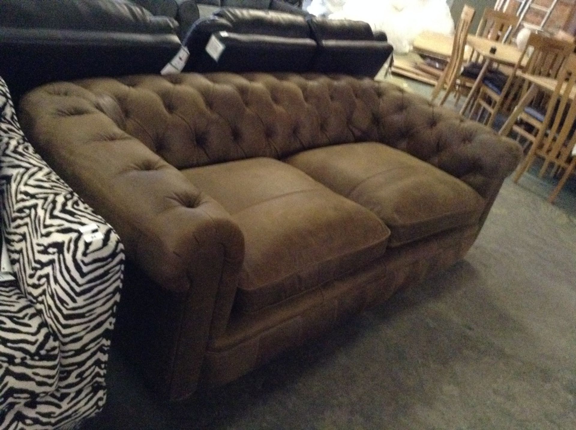 BROWN LEATHER BUTTON BACK CHESTERFIELD 3 SEATER SO