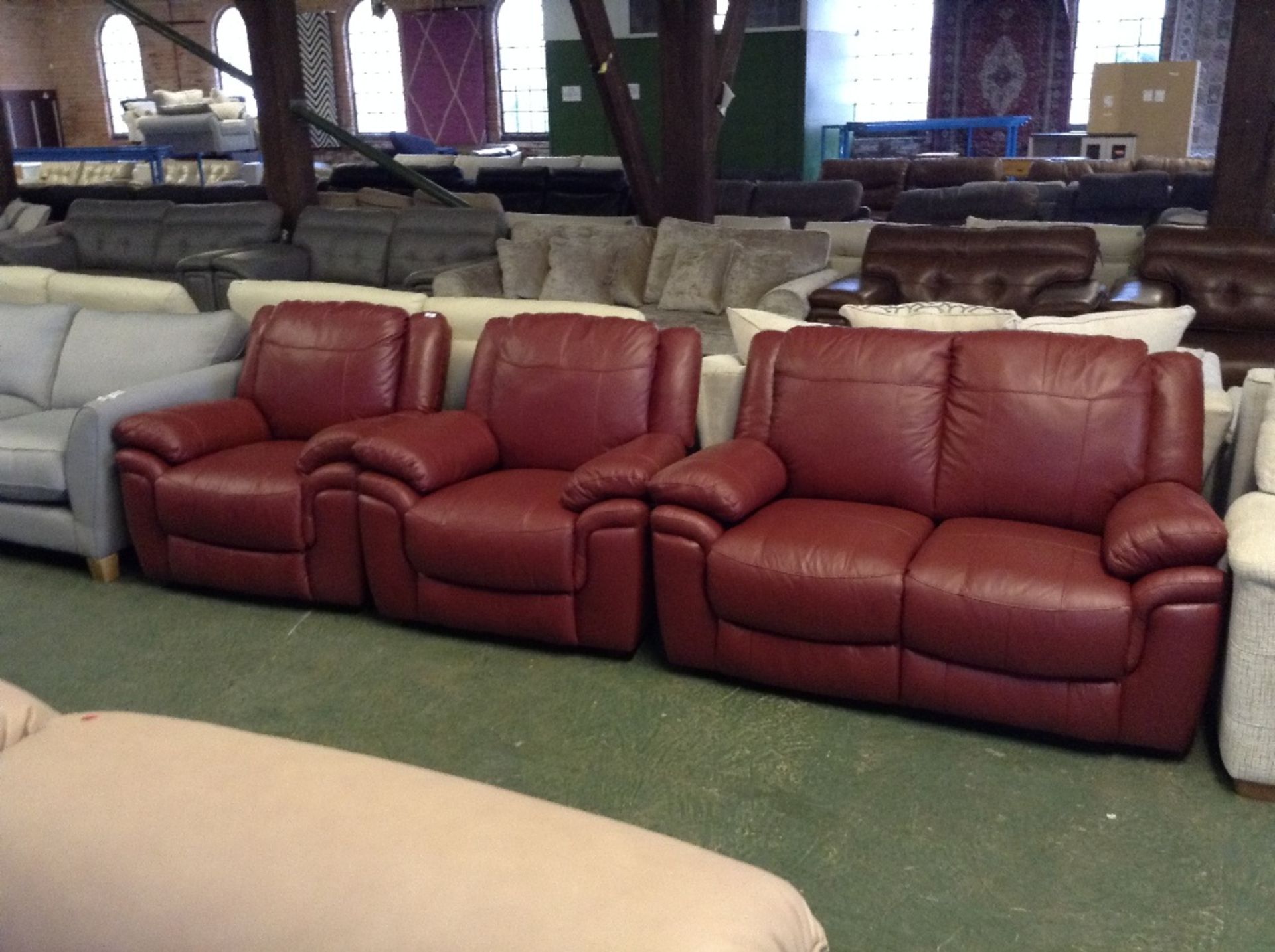 RED LEATHER FIXED 2 SEATER SOFA AND 2 CHAIRS (2076