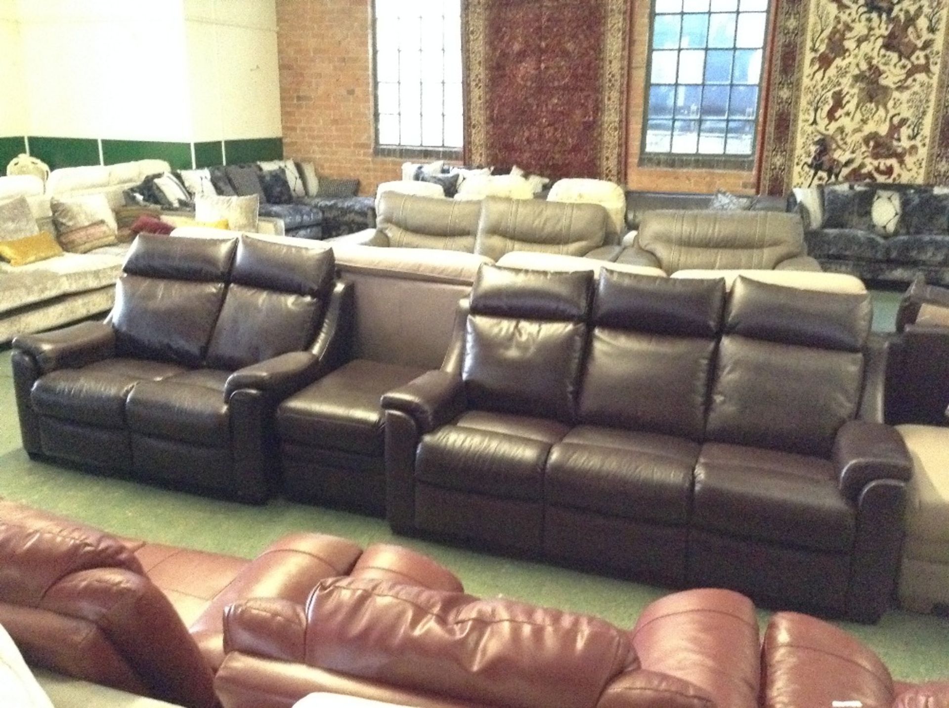 BROWN LEATHER 3 SEATER SOFA, 2 SEATER SOFA AND STO