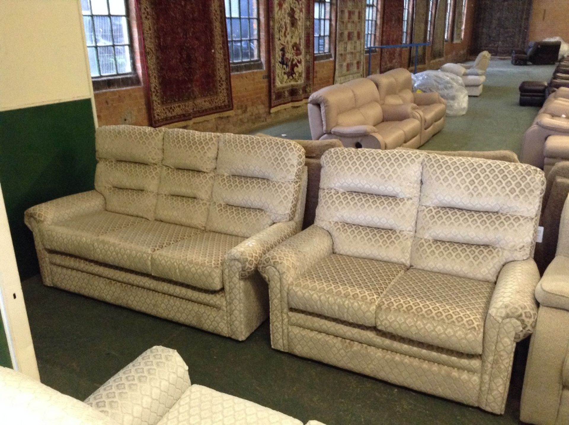 CREAM PATTERNED HIGH BACK 3 SEATER SOFA AND 2 SEAT