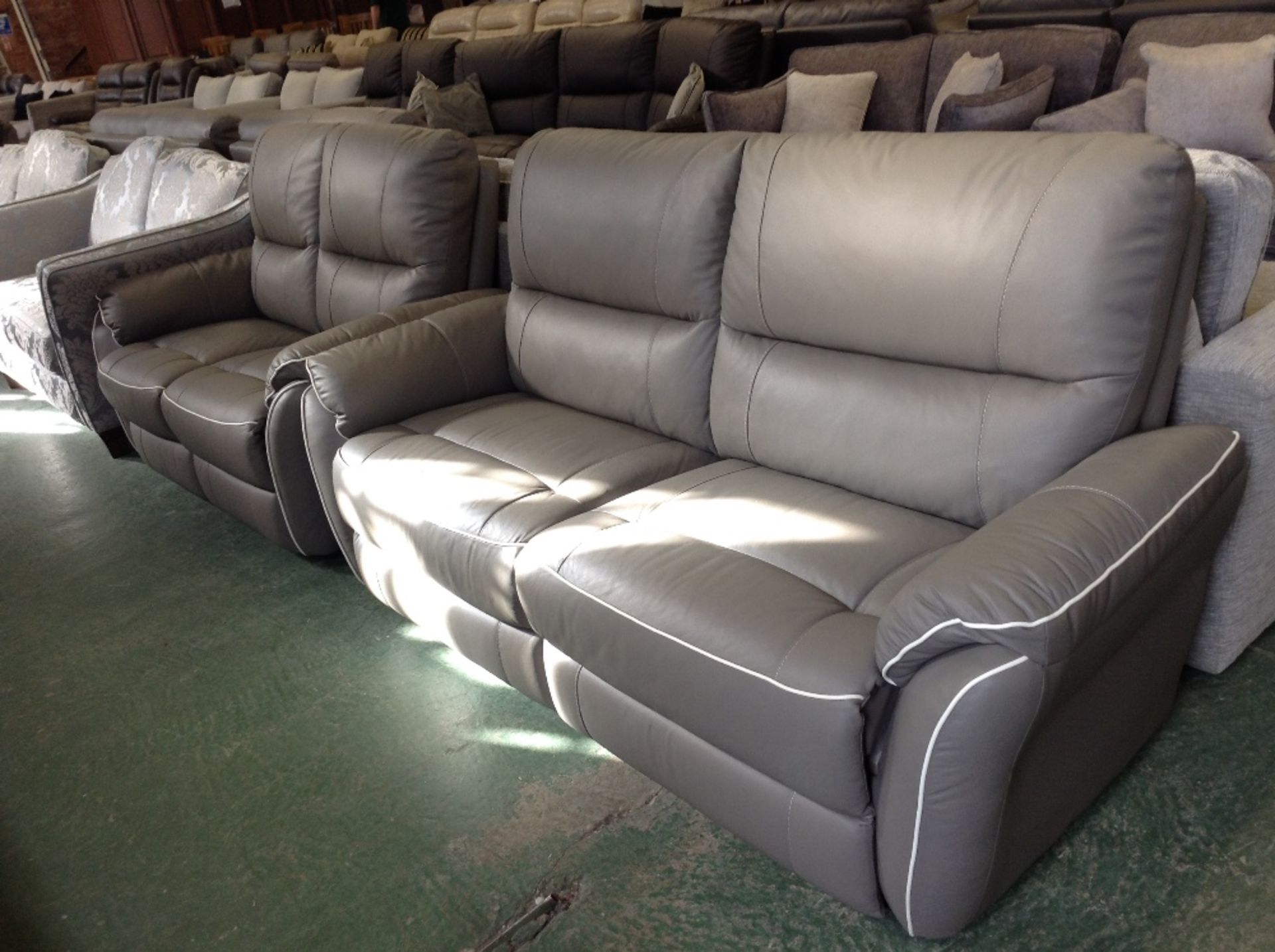 GREY LEATHER WITH WHITE BEADING 3 SEATER SOFA AND