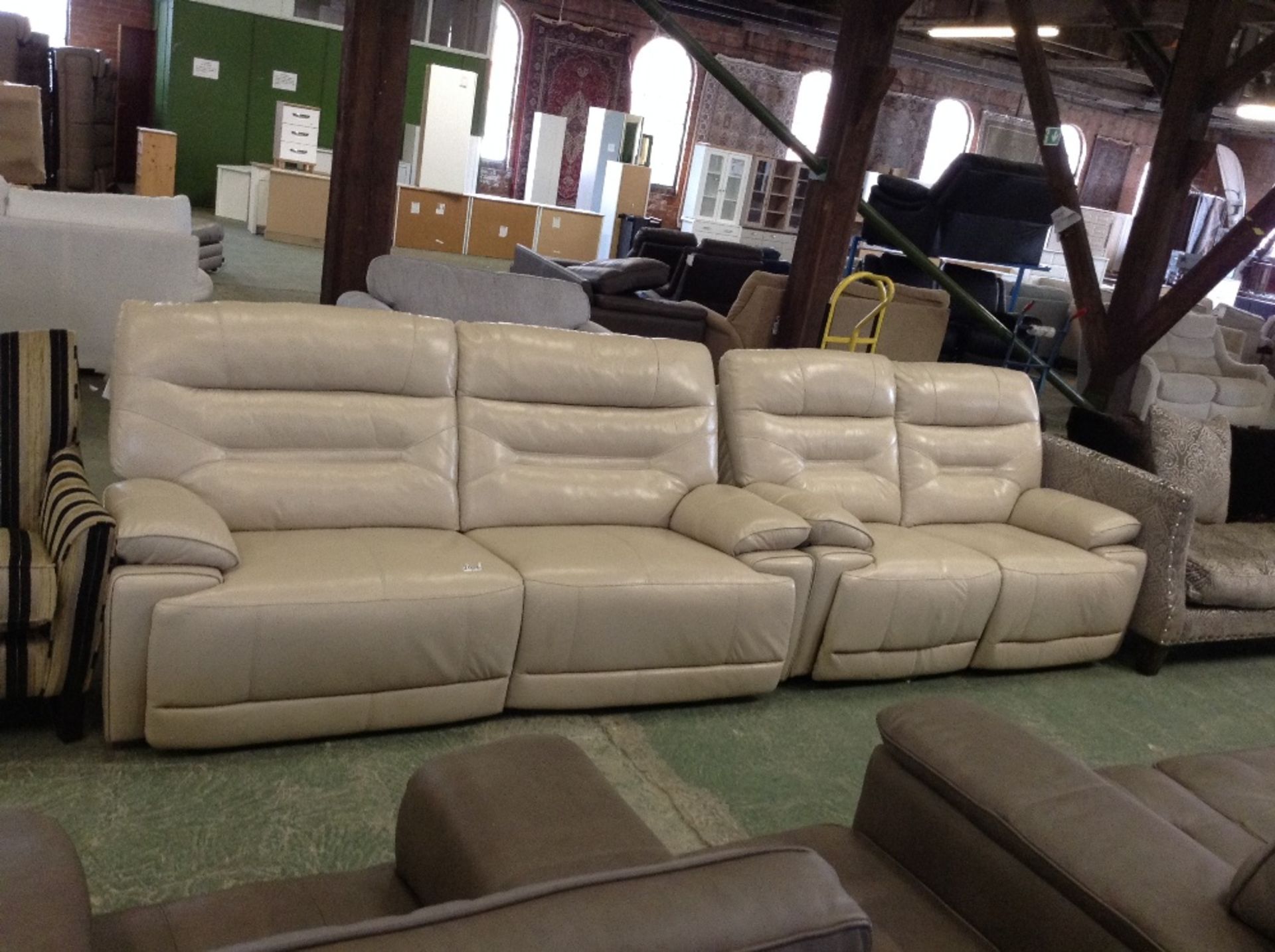 CREAM LEATHER ELECTRIC RECLINING 3 SEATER SOFA AND