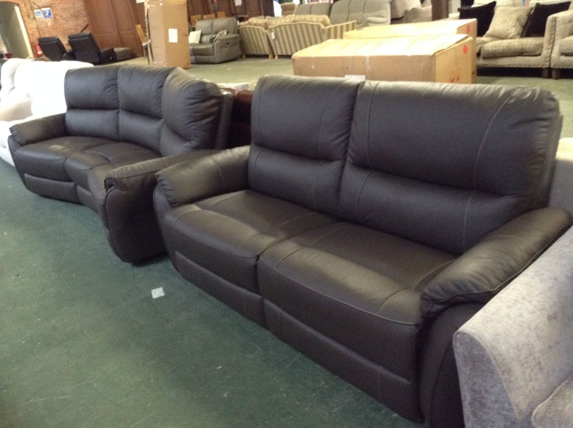 BROWN LEATHER 4 SEATER WEDGE AND 3 SEATER SOFA (20