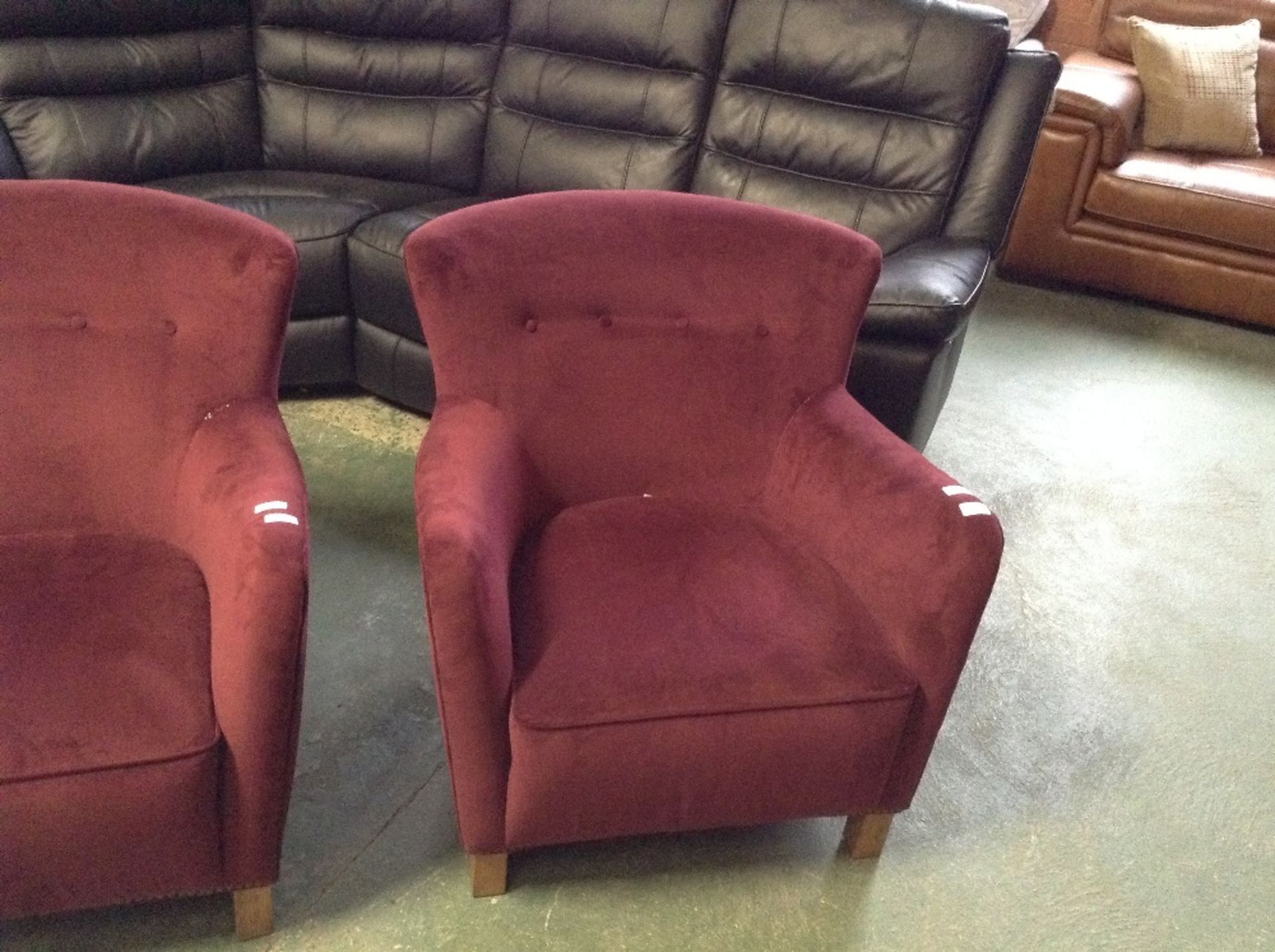 RED FABRIC STUDDED CHAIR (slight stitching problem