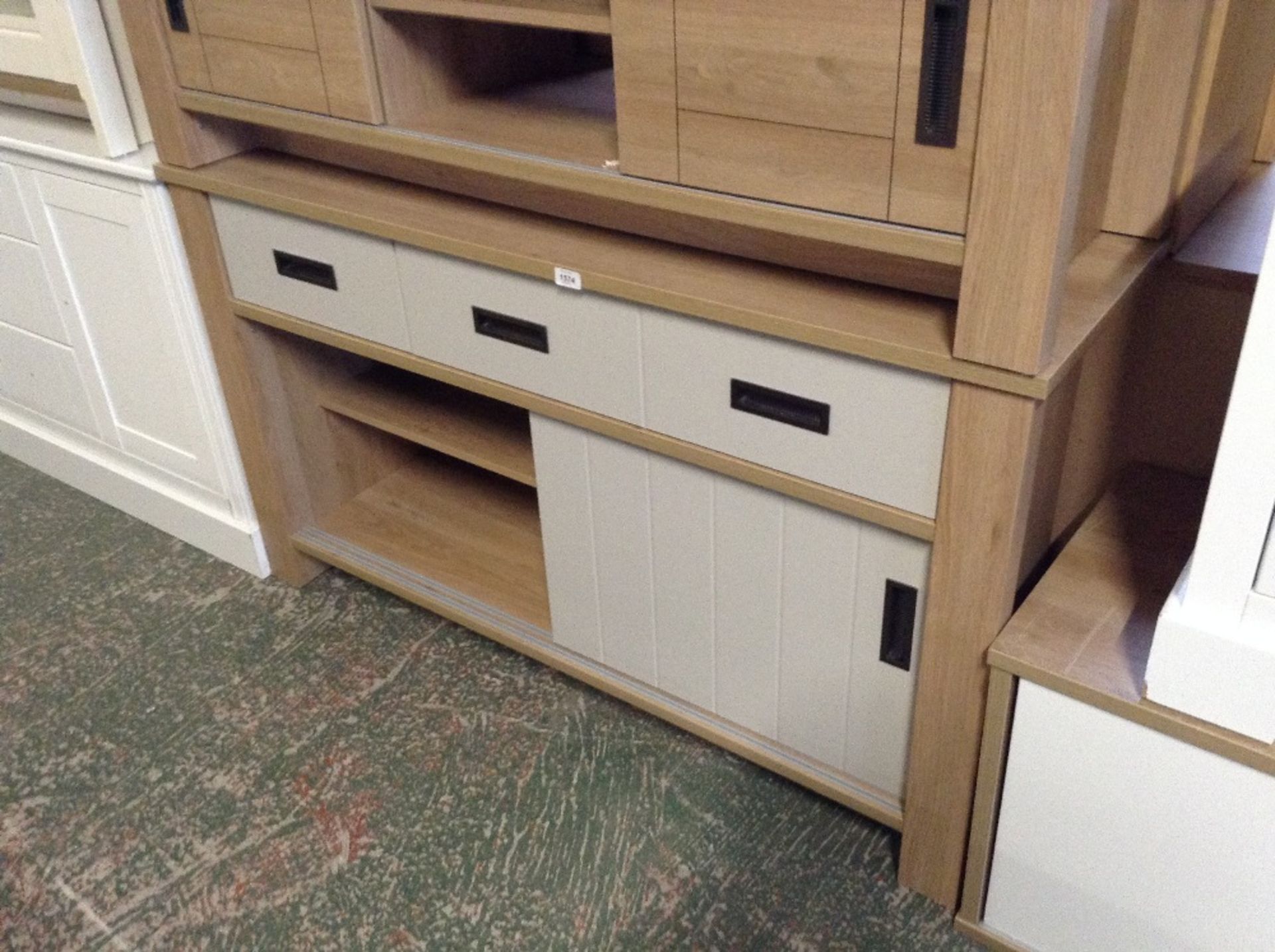 OAK AND SOFT GREY 4FT SIDEBOARD (missing door) (re