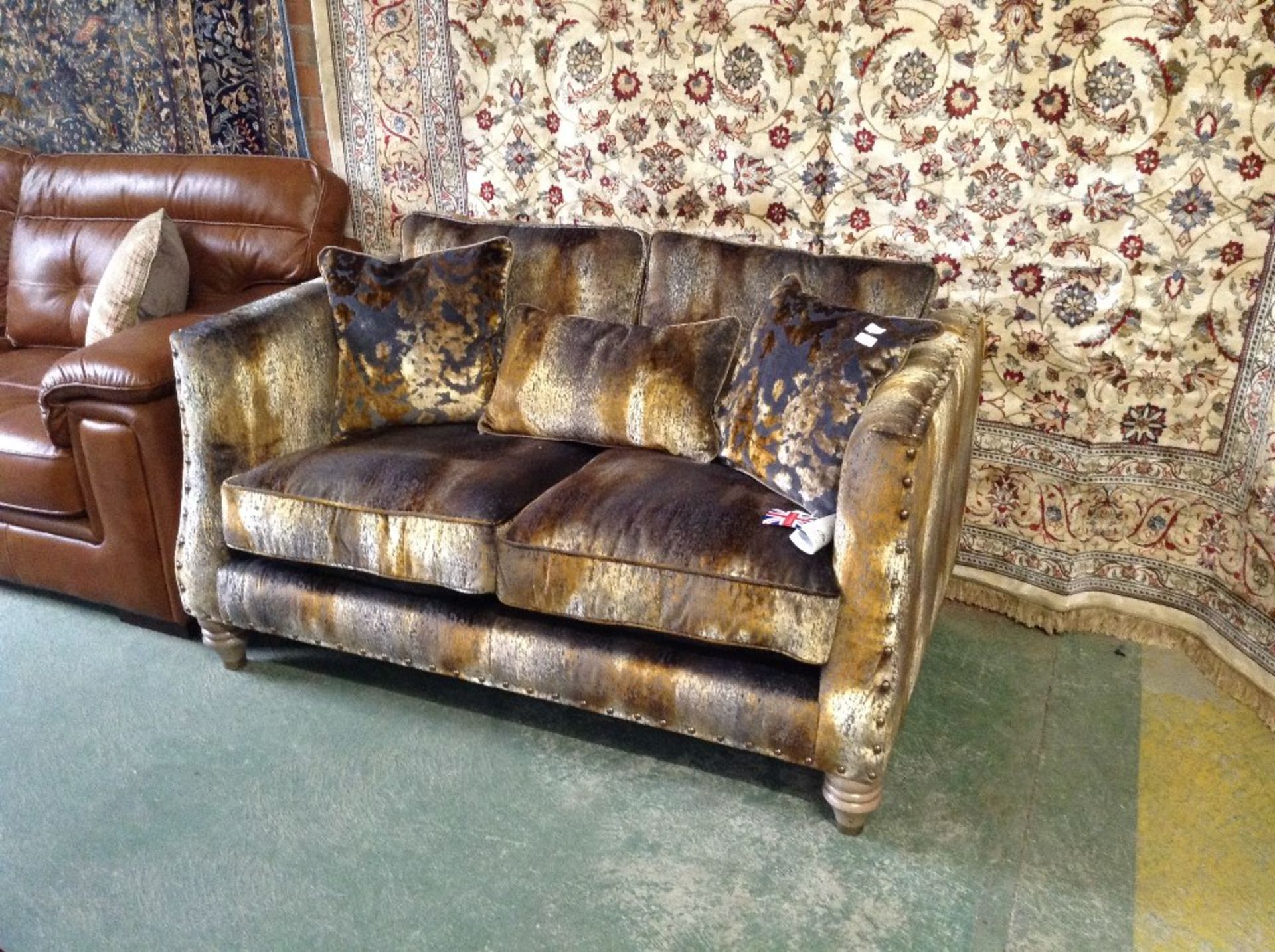 MULTI-COLOURED PATTERNED 2 SEATER SOFA WITH BRASS