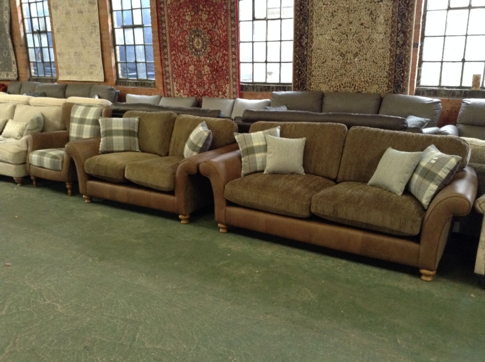 BROWN HALF HIDE 3 SEATER SOFA, 2 SEATER SOFA AND W