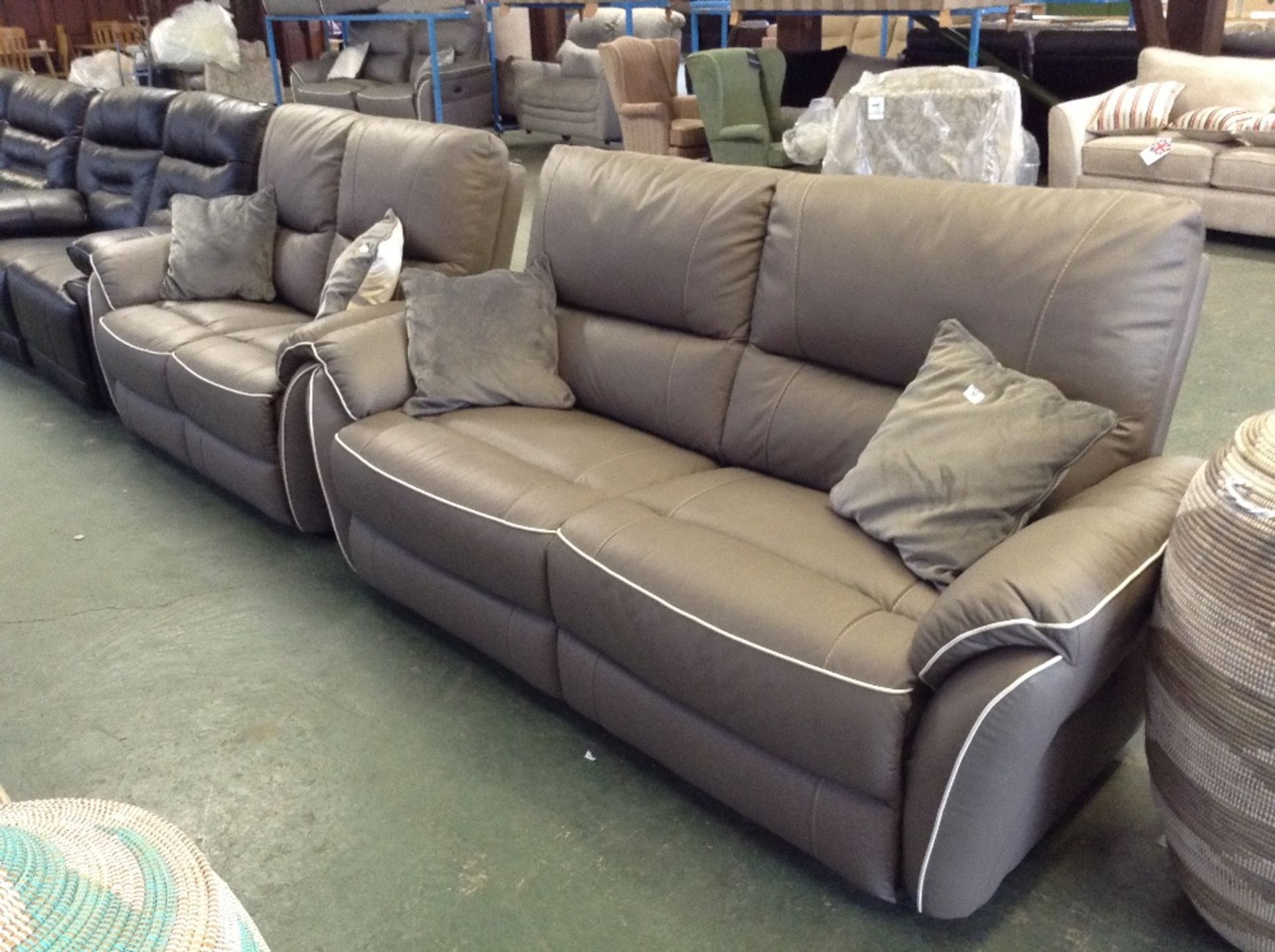 GREY LEATHER WITH WHITE BEADING 3 SEATER SOFA AND