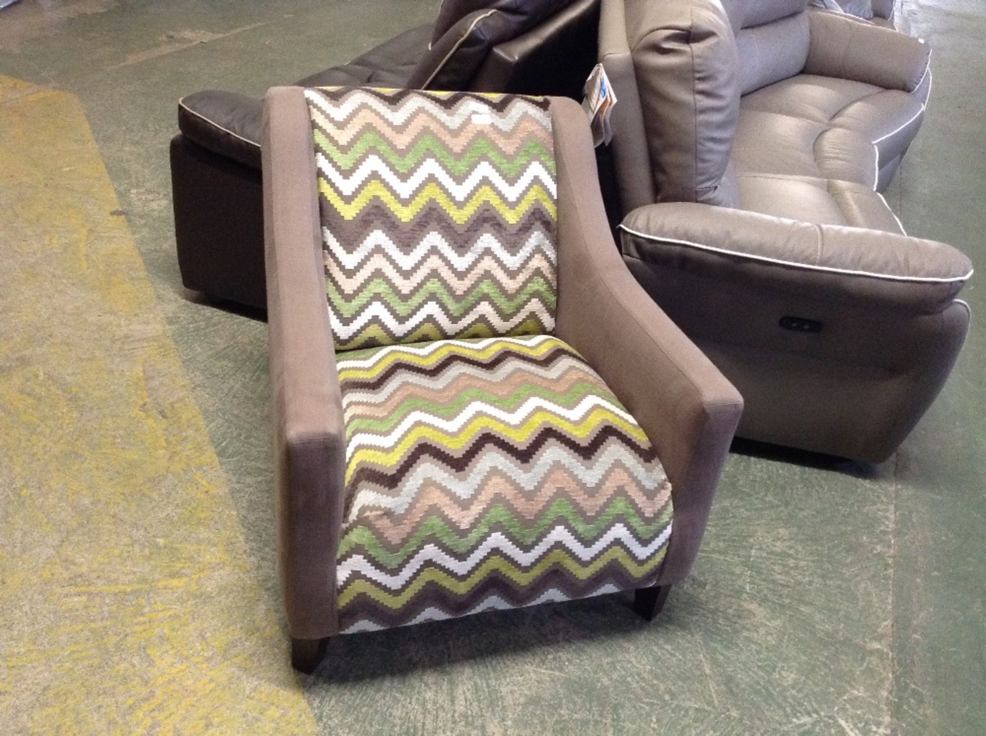 GREY AND MULTI-COLOURED PATTERNED ACCENT CHAIR