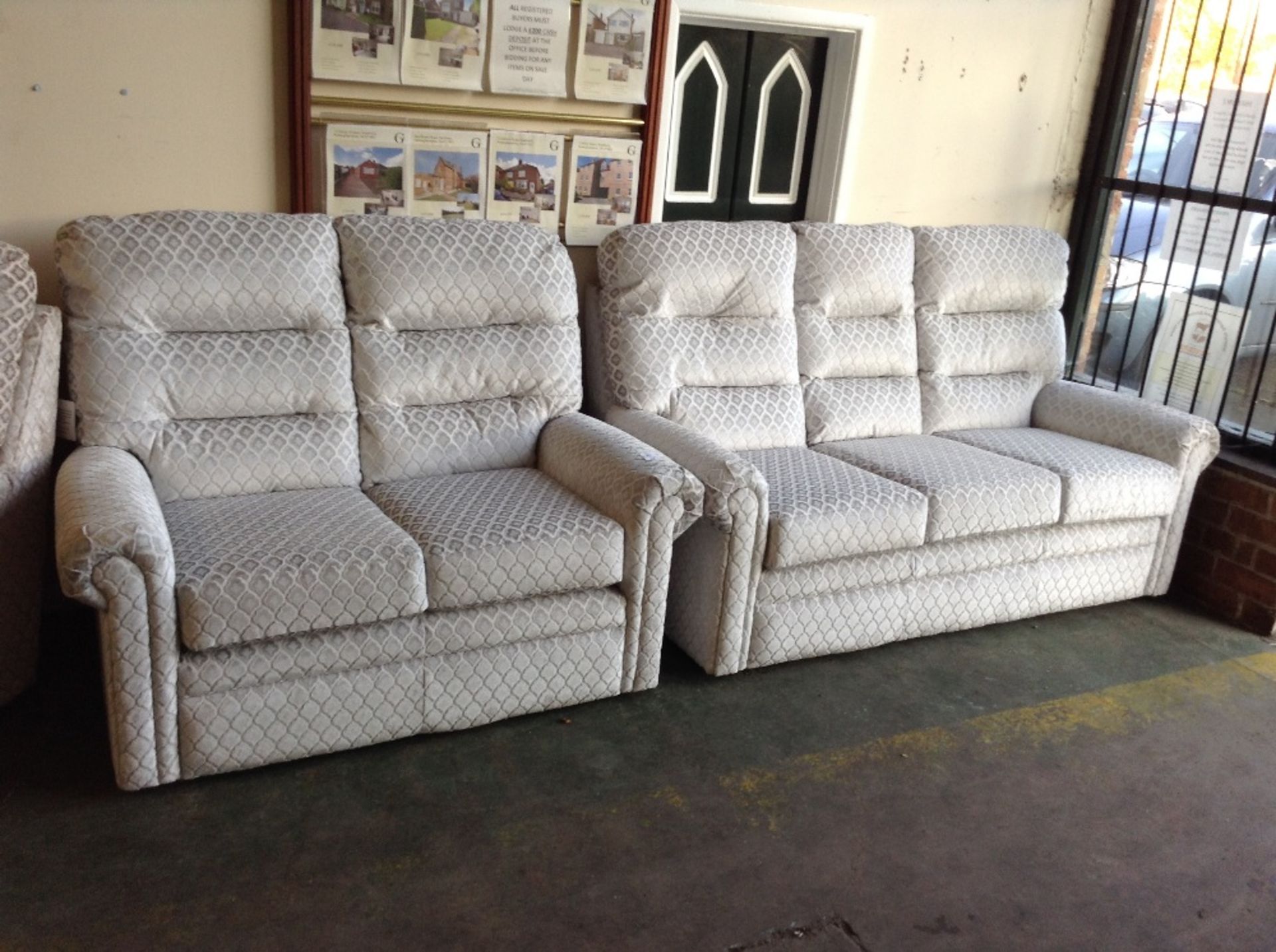 SILVER PATTERNED HIGH BACK 3 SEATER SOFA AND 2 SEA