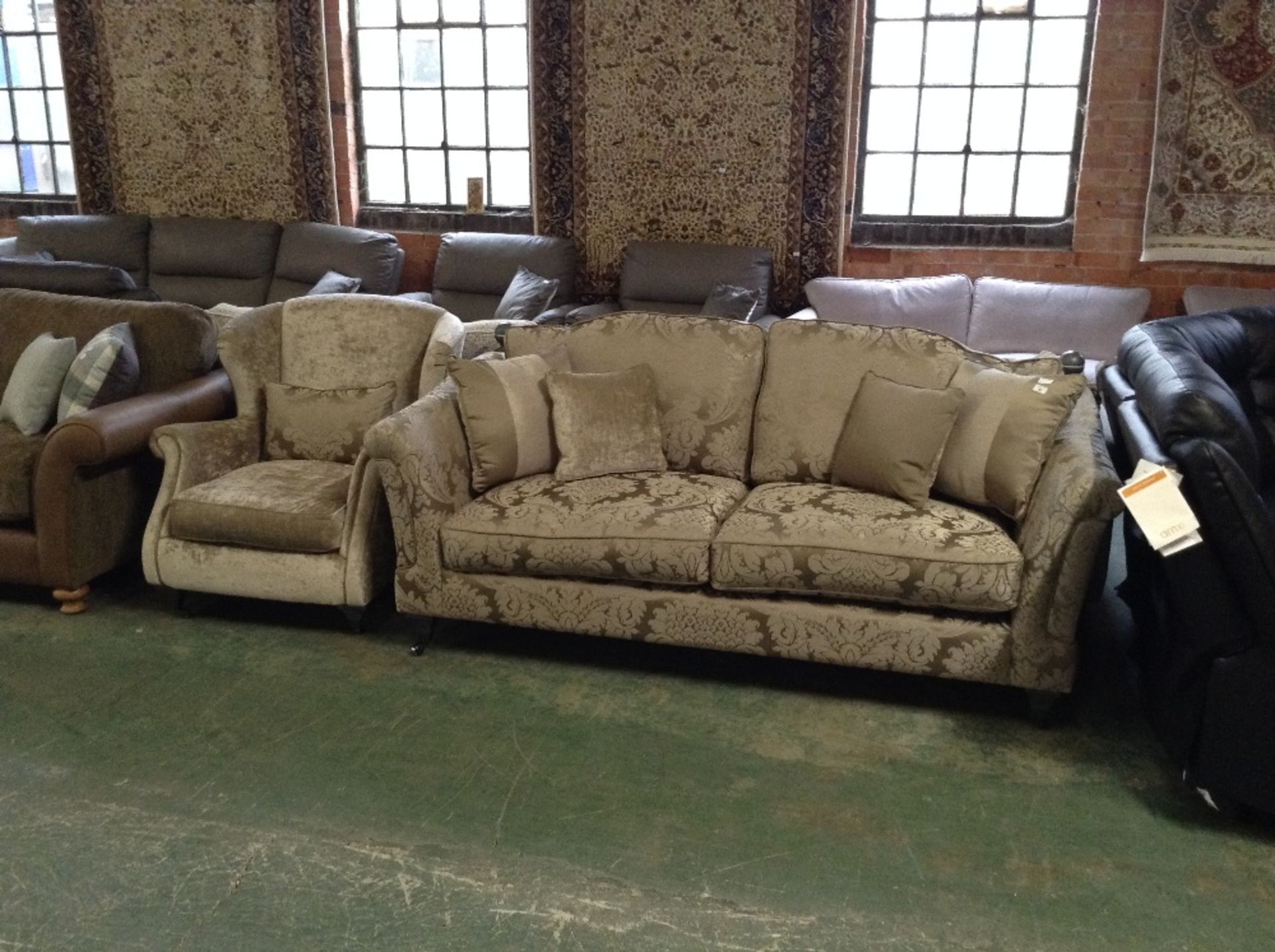 GOLD FLORAL PATTERNED 3 SEATER SOFA AND BEIGE WING