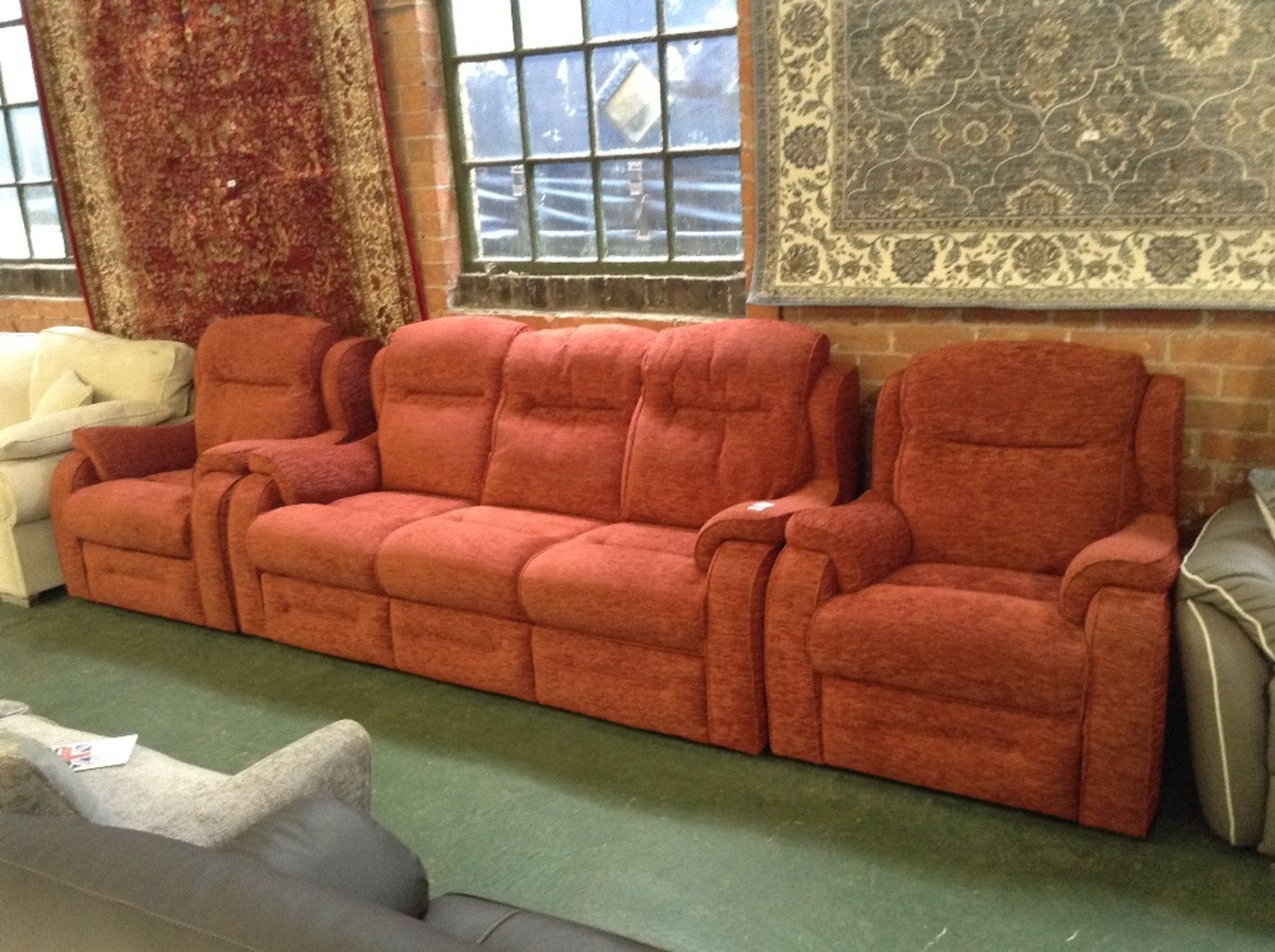 RED HIGH BACK 3 SEATER SOFA AND 2 CHAIRS (TR000990