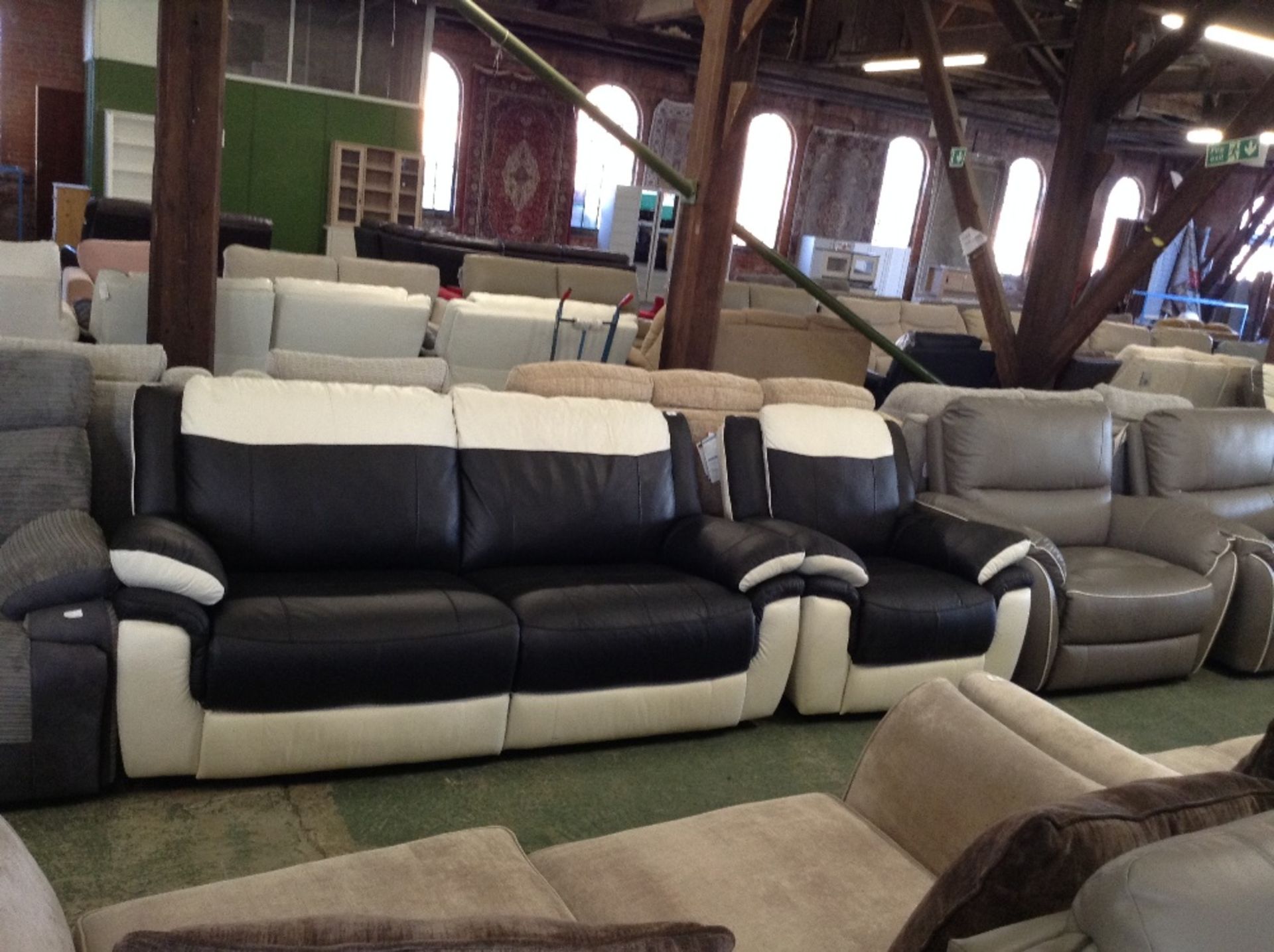 BLACK AND WHITE LEATHER MANUAL RECLINING 3 SEATER