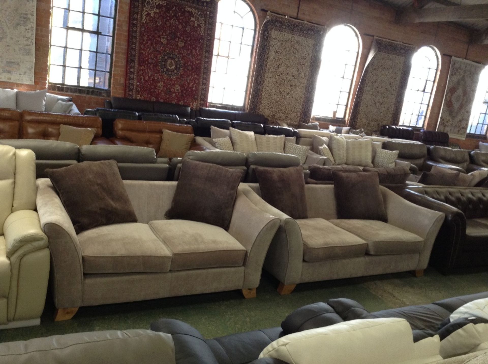 2 x BEIGE 2.5 SEATER SOFAS (missing back cushion, stained)