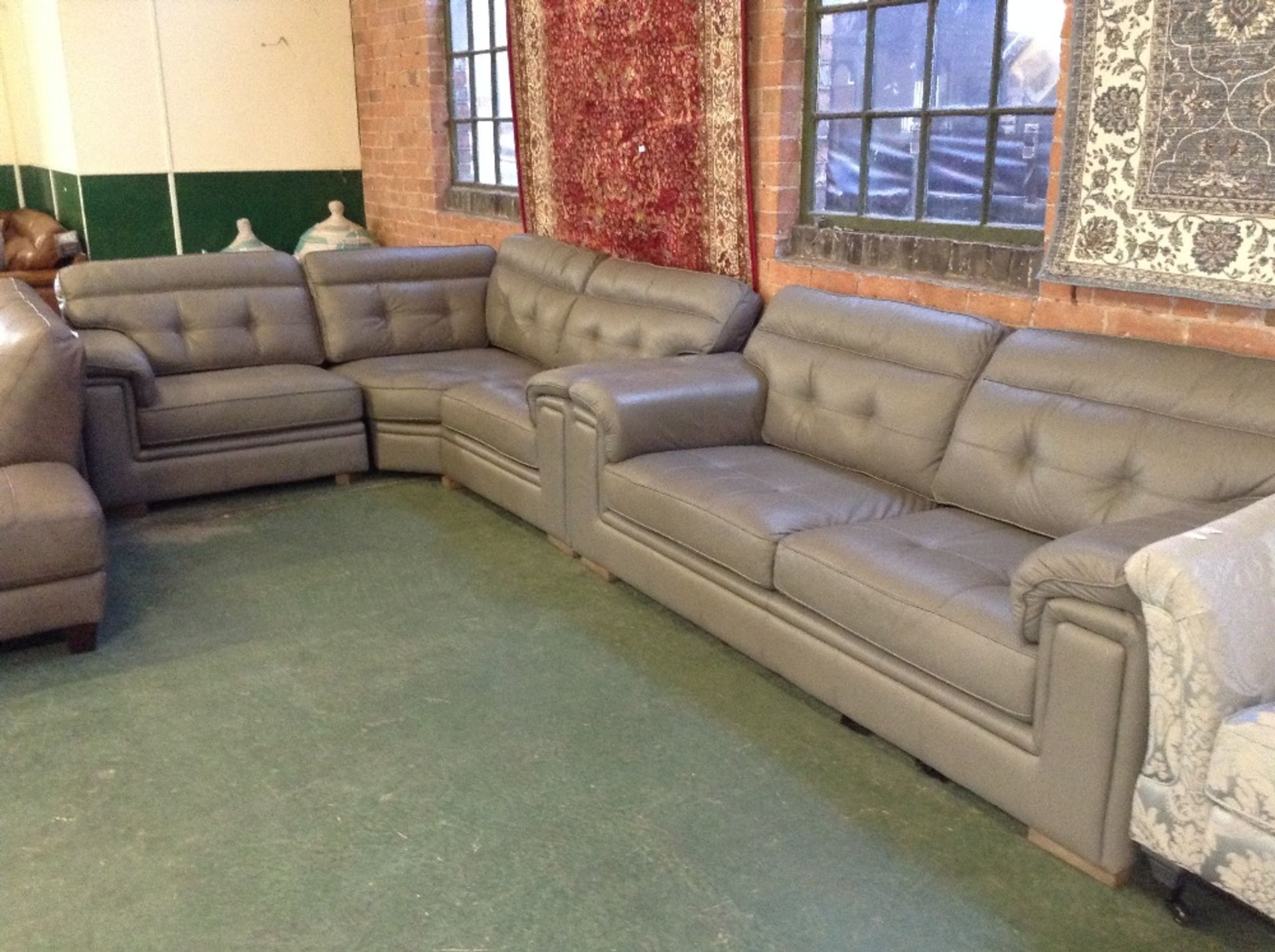 GREY LEATHER 3 PART CORNER GROUP AND 3 SEATER SOFA