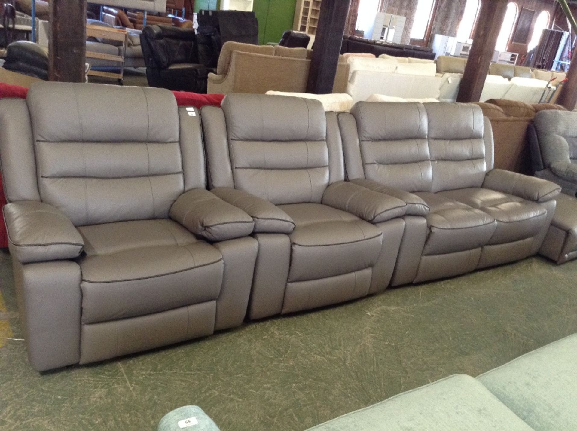 GREY LEATHER WITH BROWN BEADING ELECTRIC RECLINING