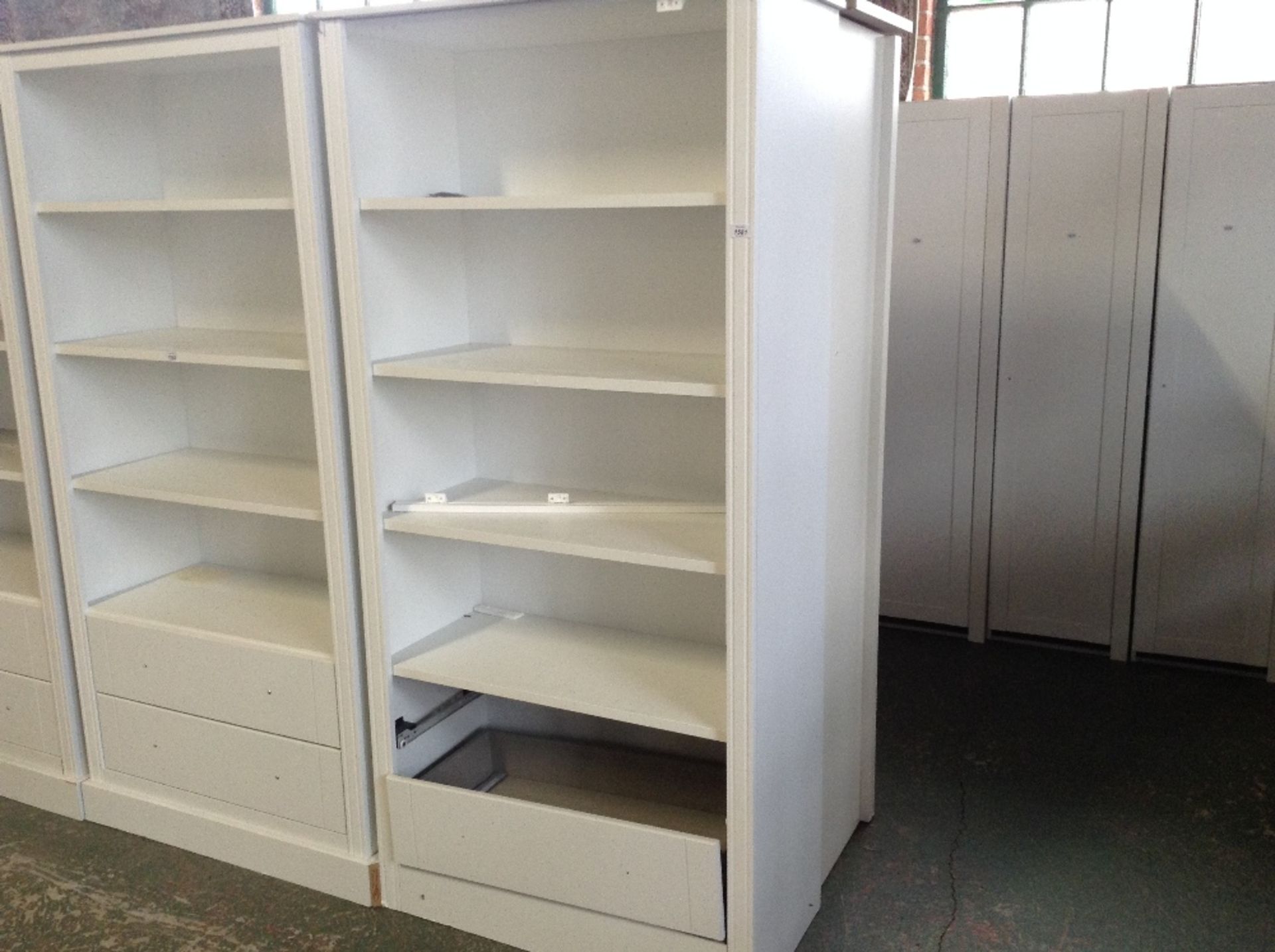 WHITE OPEN BOOKCASE (missing drawer) (return)