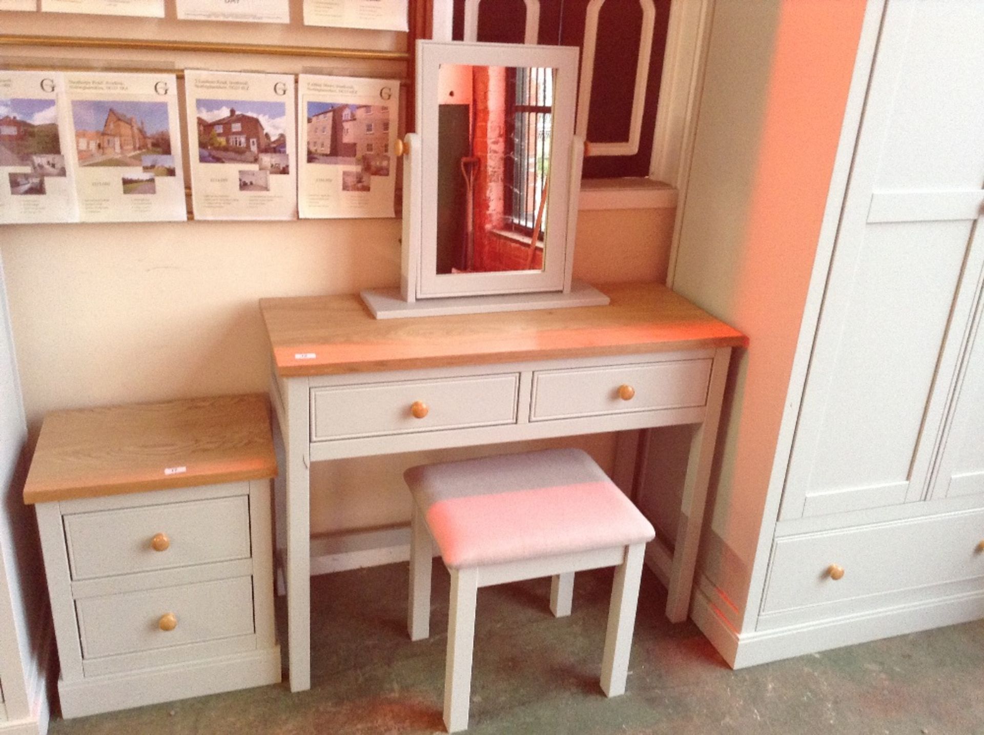 SOFT GREY AND OAK DRESSING TABLE MIRROR AND STOOL