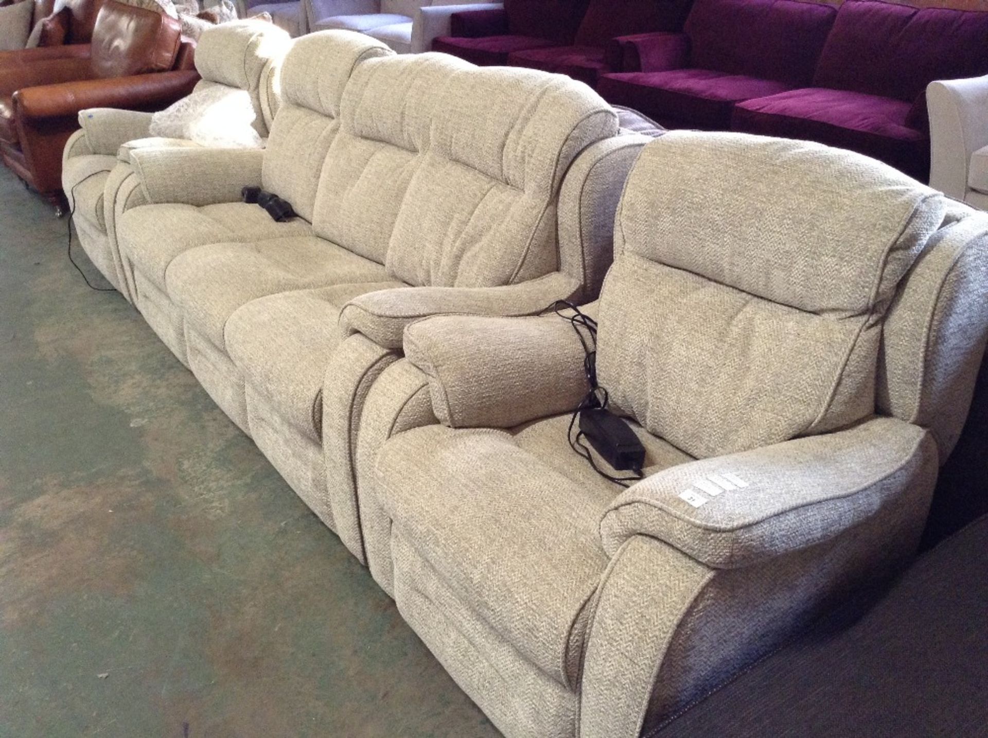 BISCUIT HIGH BACK 3 SEATER SOFA AND 2 ELECTRIC REC