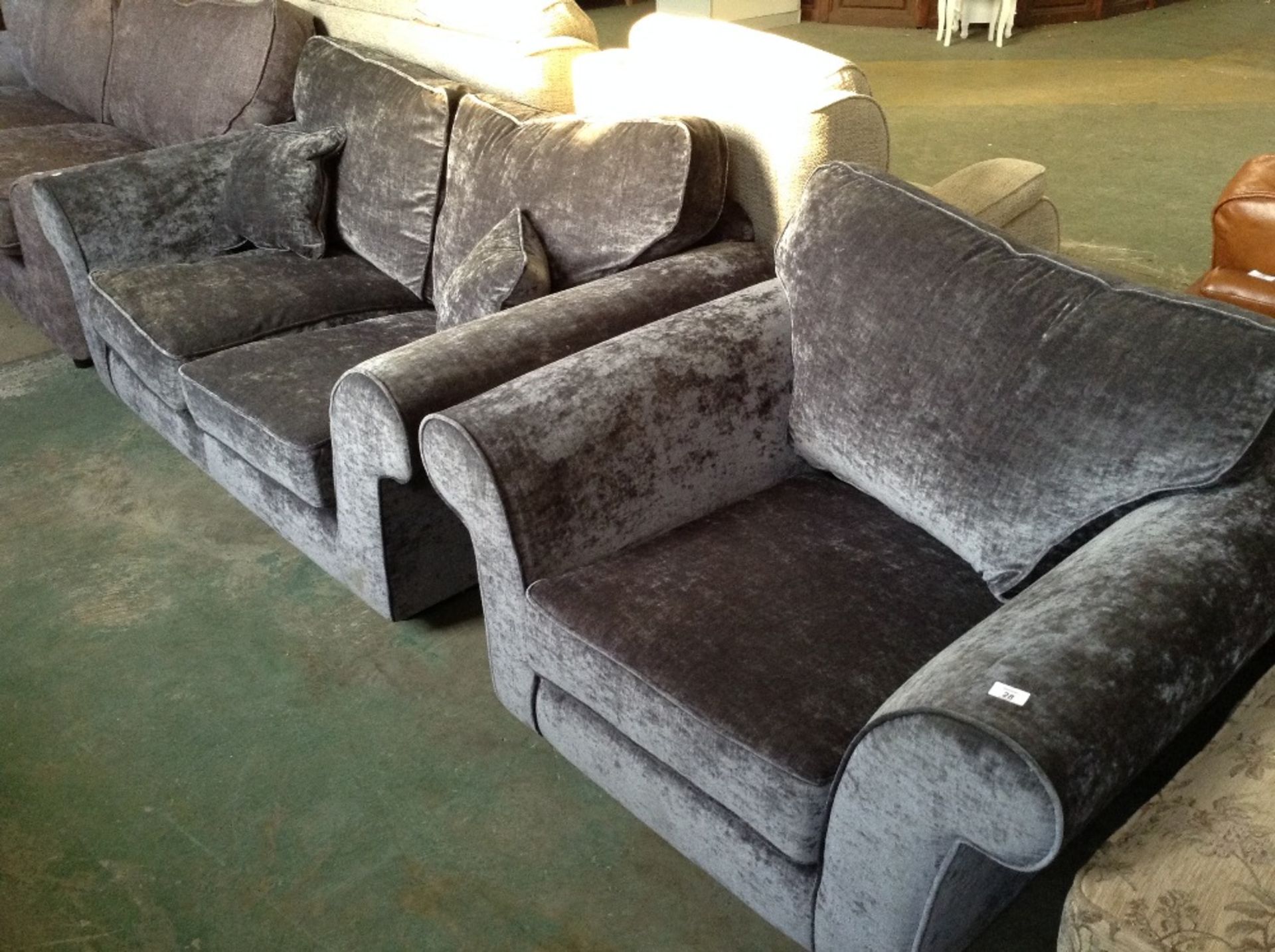 GREY 2 SEATER SOFA AND CHAIR ( missing correct fee