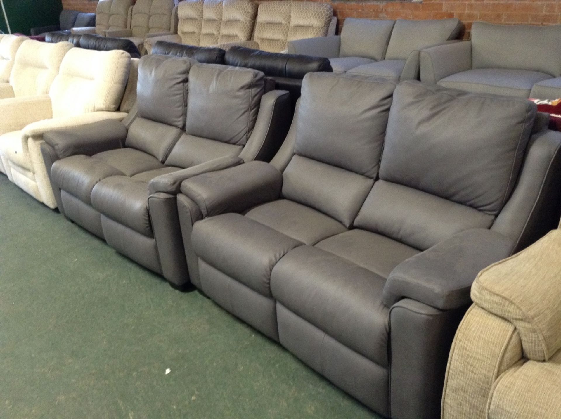 GREY LEATHER MANUAL RECLINING 2 SEATER SOFA AND FI