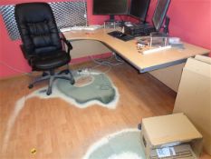 Desk, 2 swivel chairs, Ibeco laminator and fellows shredder