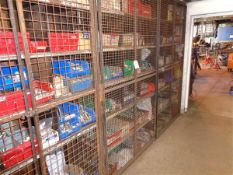 Caged pigeon hole rack and contents of nuts, bolts and washers as lotted