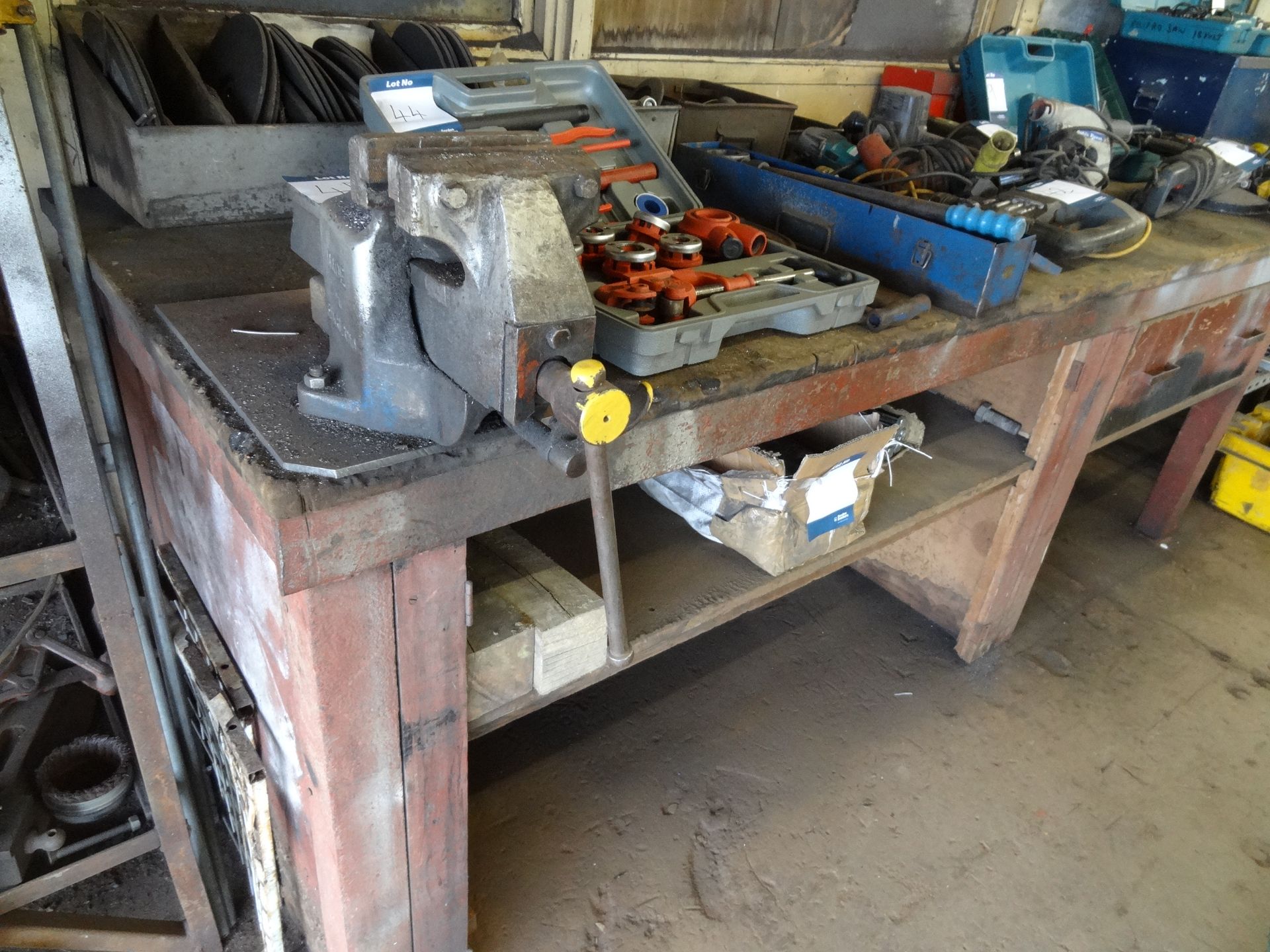 Fabricated steel work bench with 6" vice (Lift out charge £10 plus VAT)