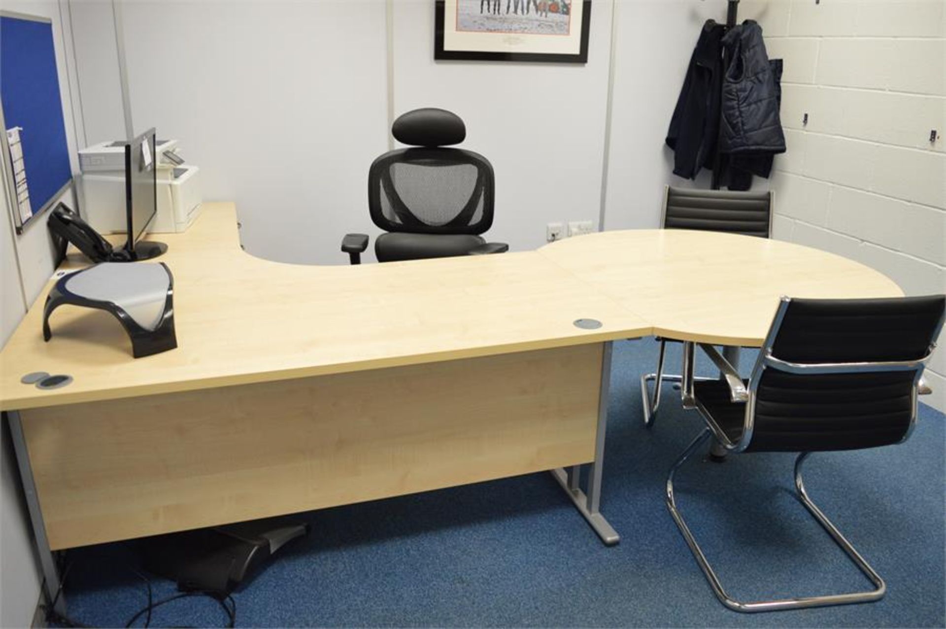 Contents of office to include: curved desk with end table, 2 x 3 drawer pedestals, 2 x static