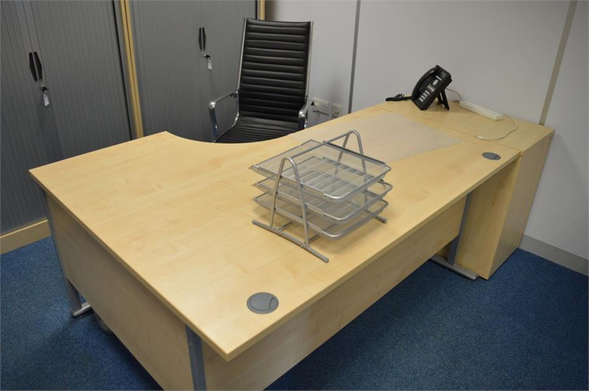 Contents of office to include: curved desk with 3 drawer pedestal; 3 x tambour fronted cupboards and
