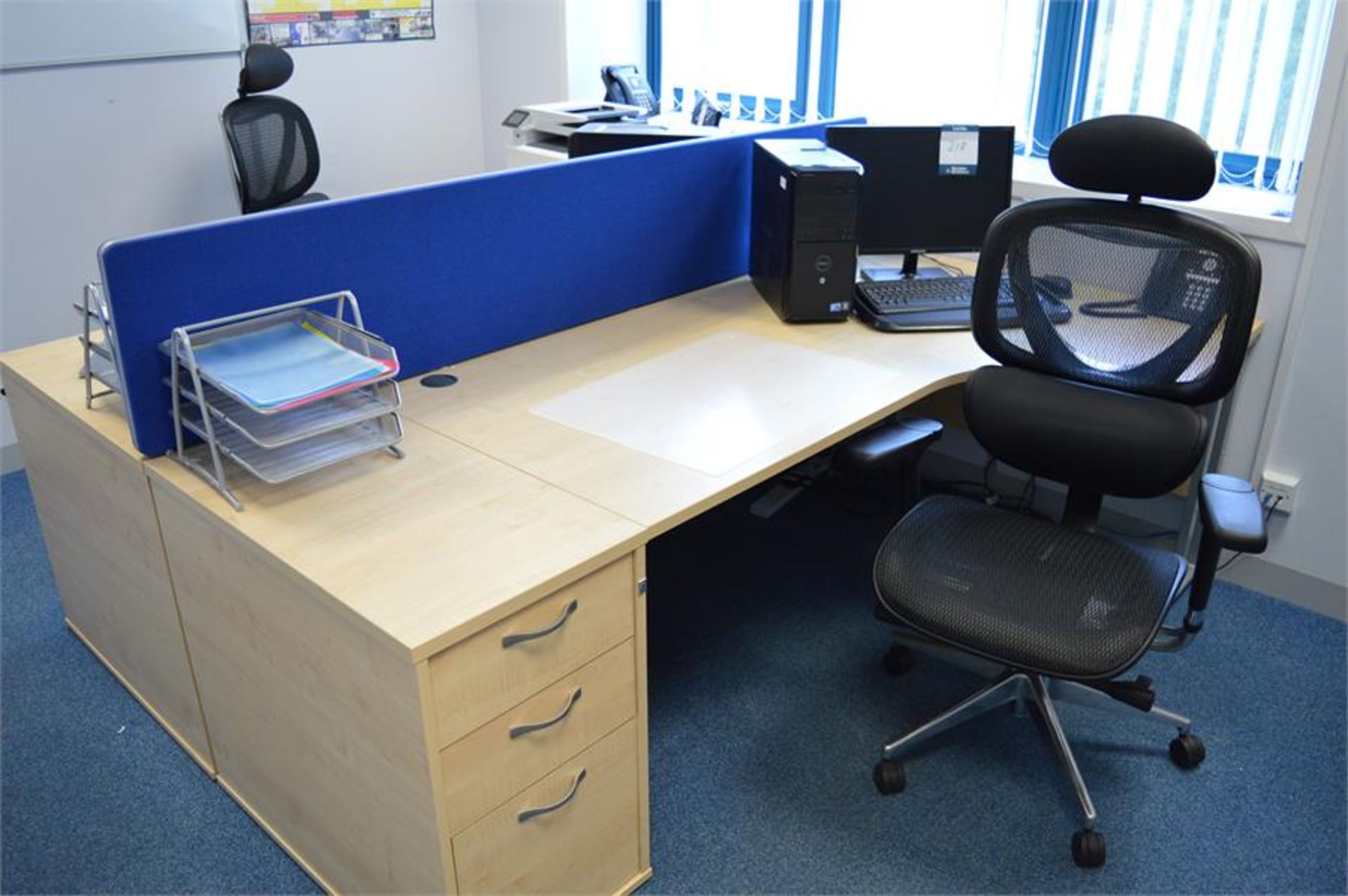 Contents of office to include: 2 x curved workstations each with 3 drawer pedestal and chrome back