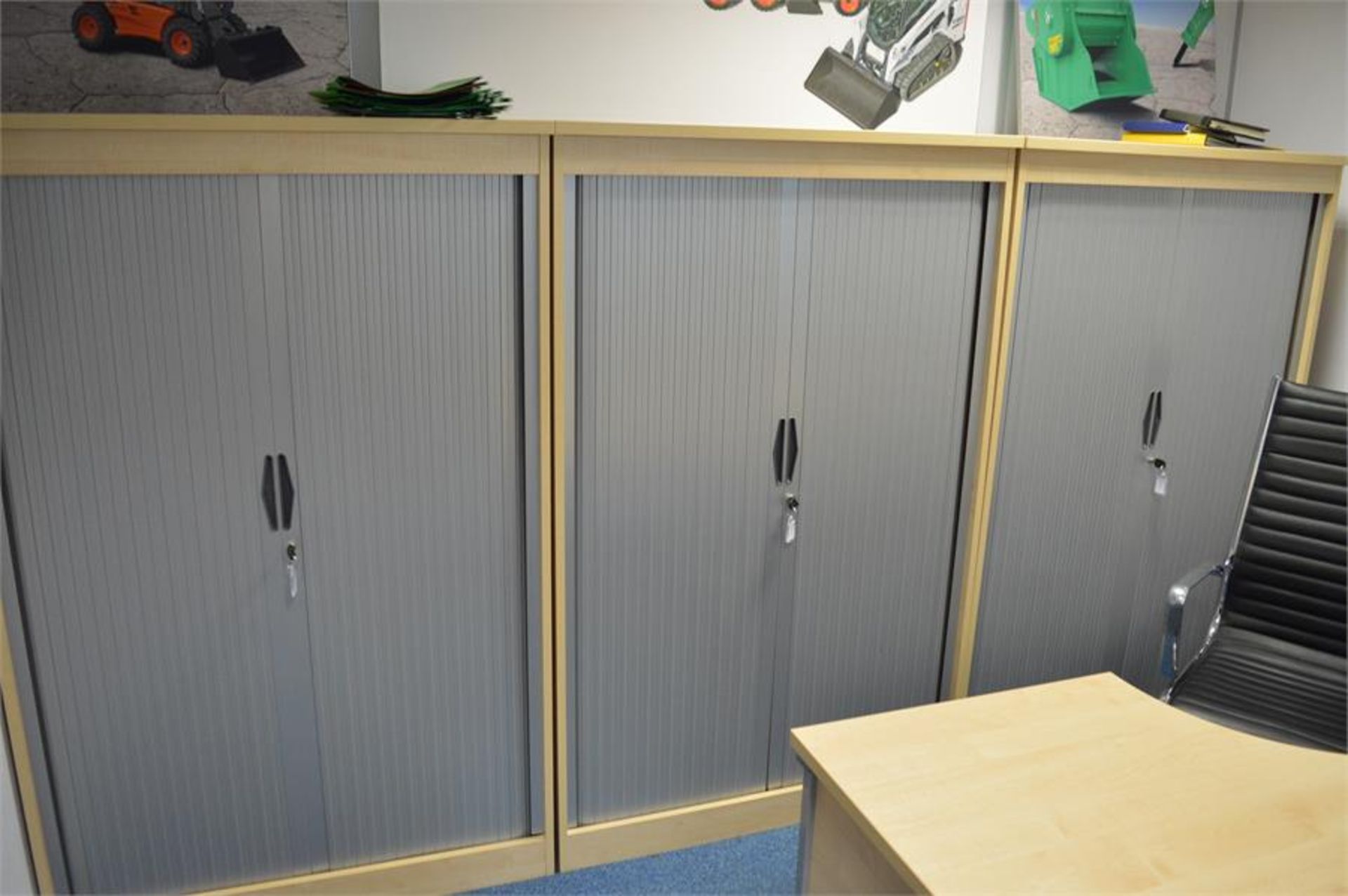 Contents of office to include: curved desk with 3 drawer pedestal; 3 x tambour fronted cupboards and - Image 2 of 2