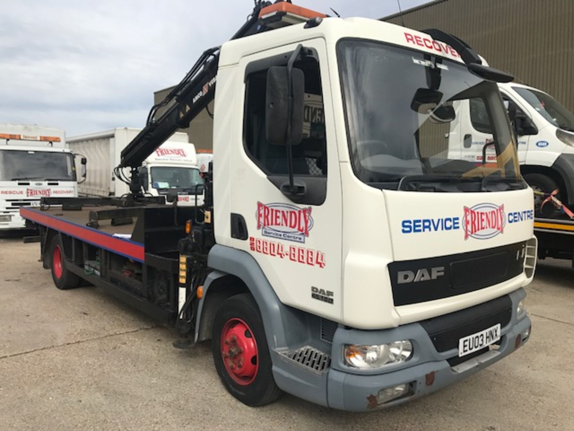 2003 DAF FA LF45.150 7.5T flat bed breakdown recovery vehicle with Amco veba hiab lift, winch and