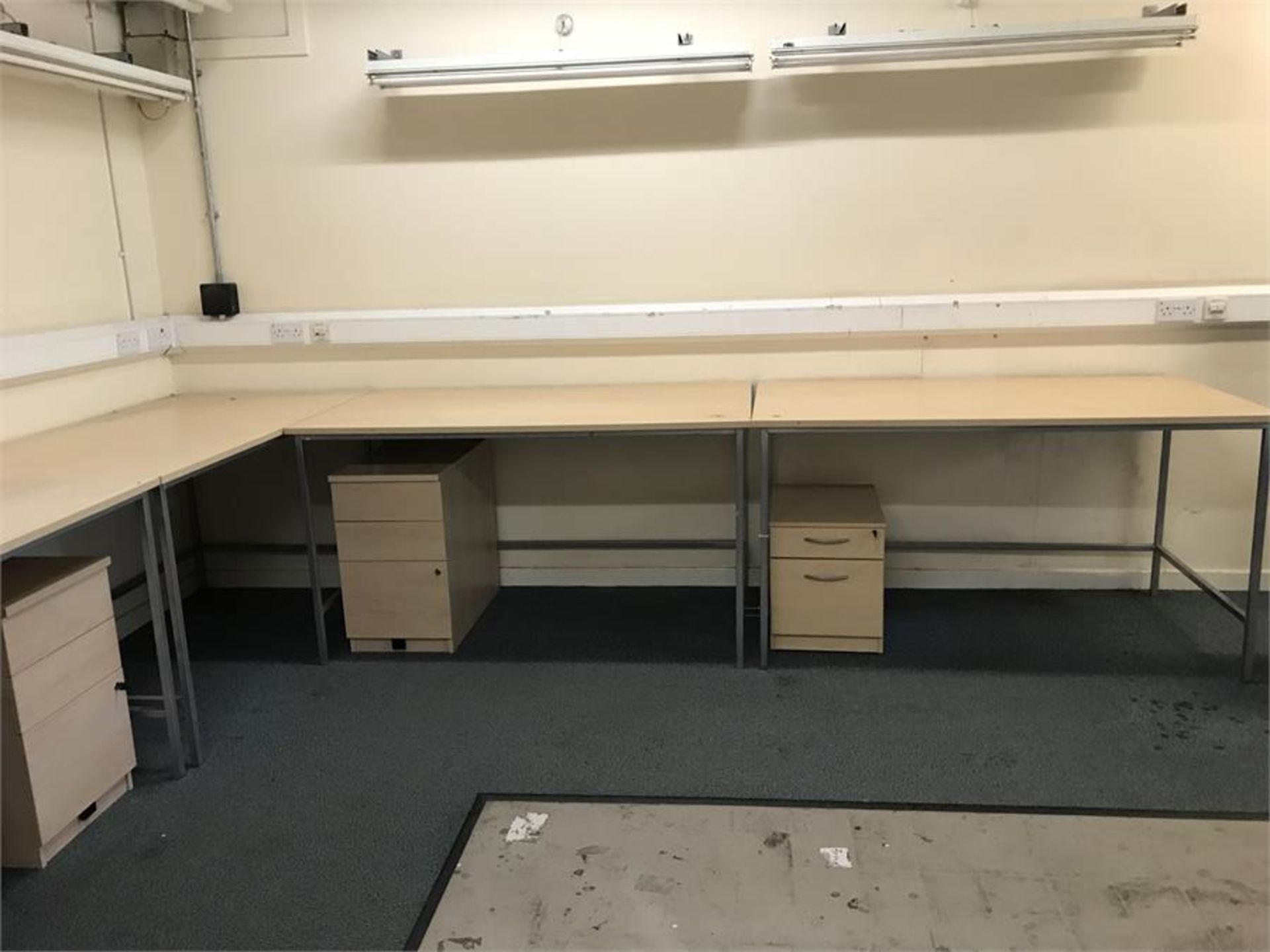 5 x beech veneer work benches, 1700 x 950 x 950mm 3 x high back swivel stools 2 x four drawer - Image 2 of 2
