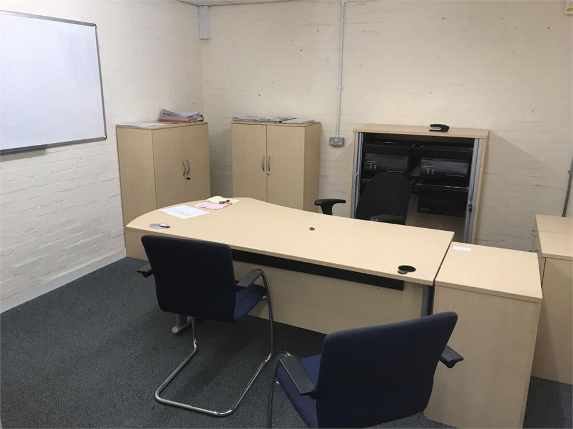 Contents of office to include: 6 double door stationary cupboards, double door tambour lateral