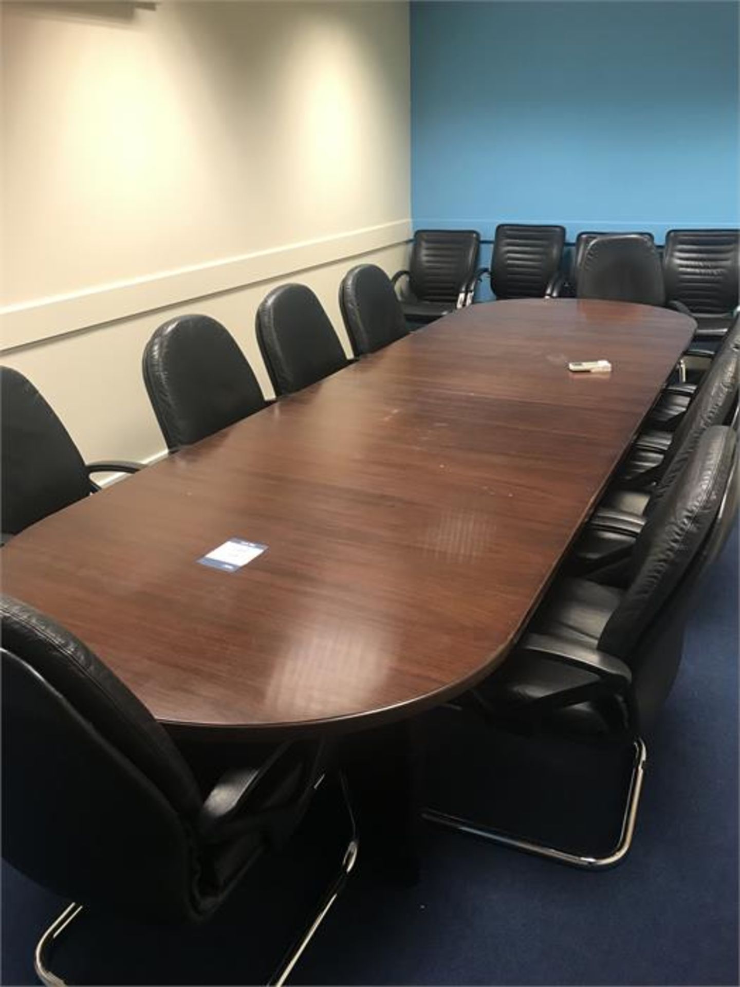 2 piece oval boardroom table 10 x leather high back sprung steel chairs