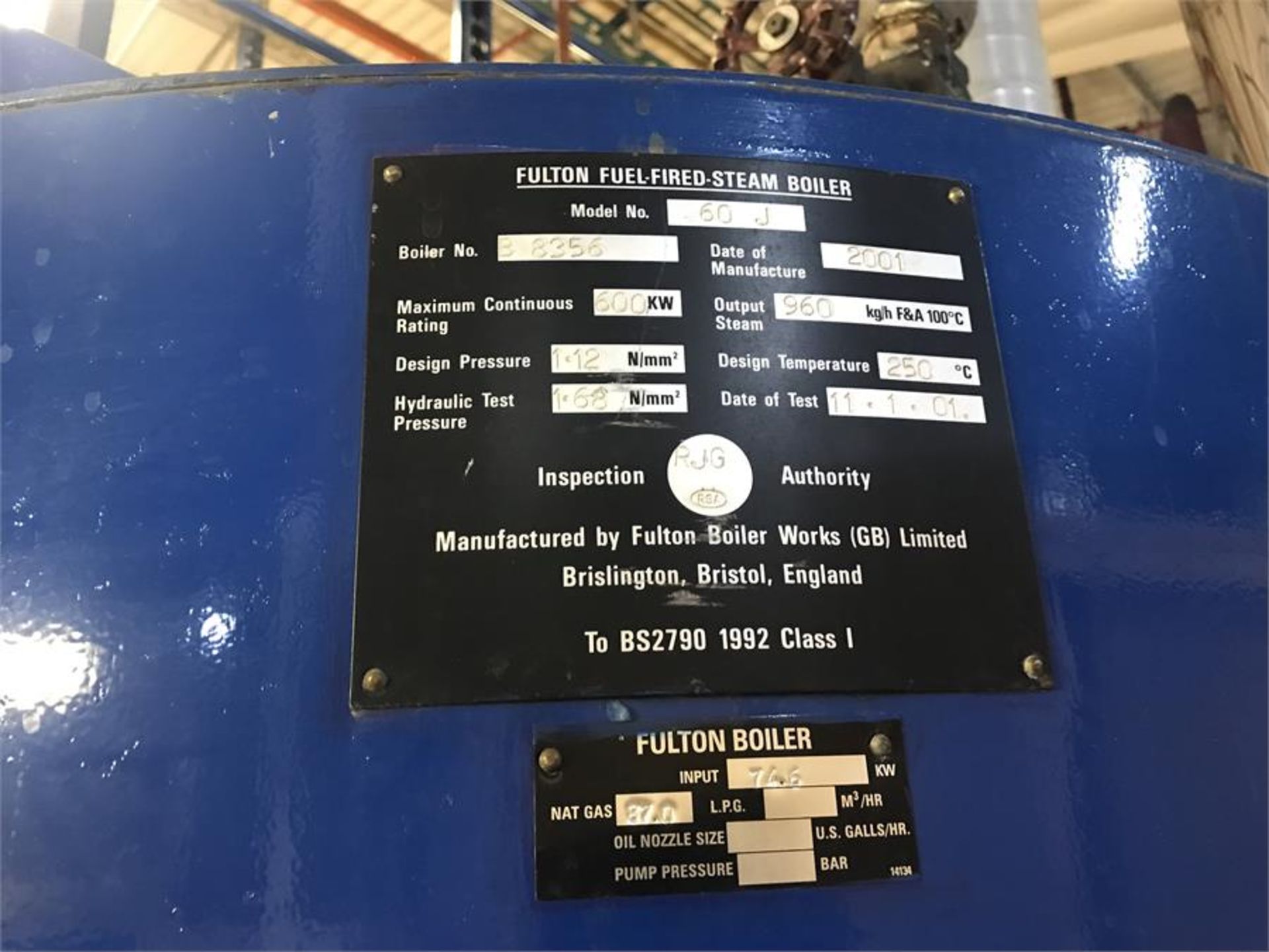 Fulton Model 60J steam boiler,Serial No. B8356 (2001) 600kw 1.12m/mm2 Grundfoss multi stage - Image 2 of 4