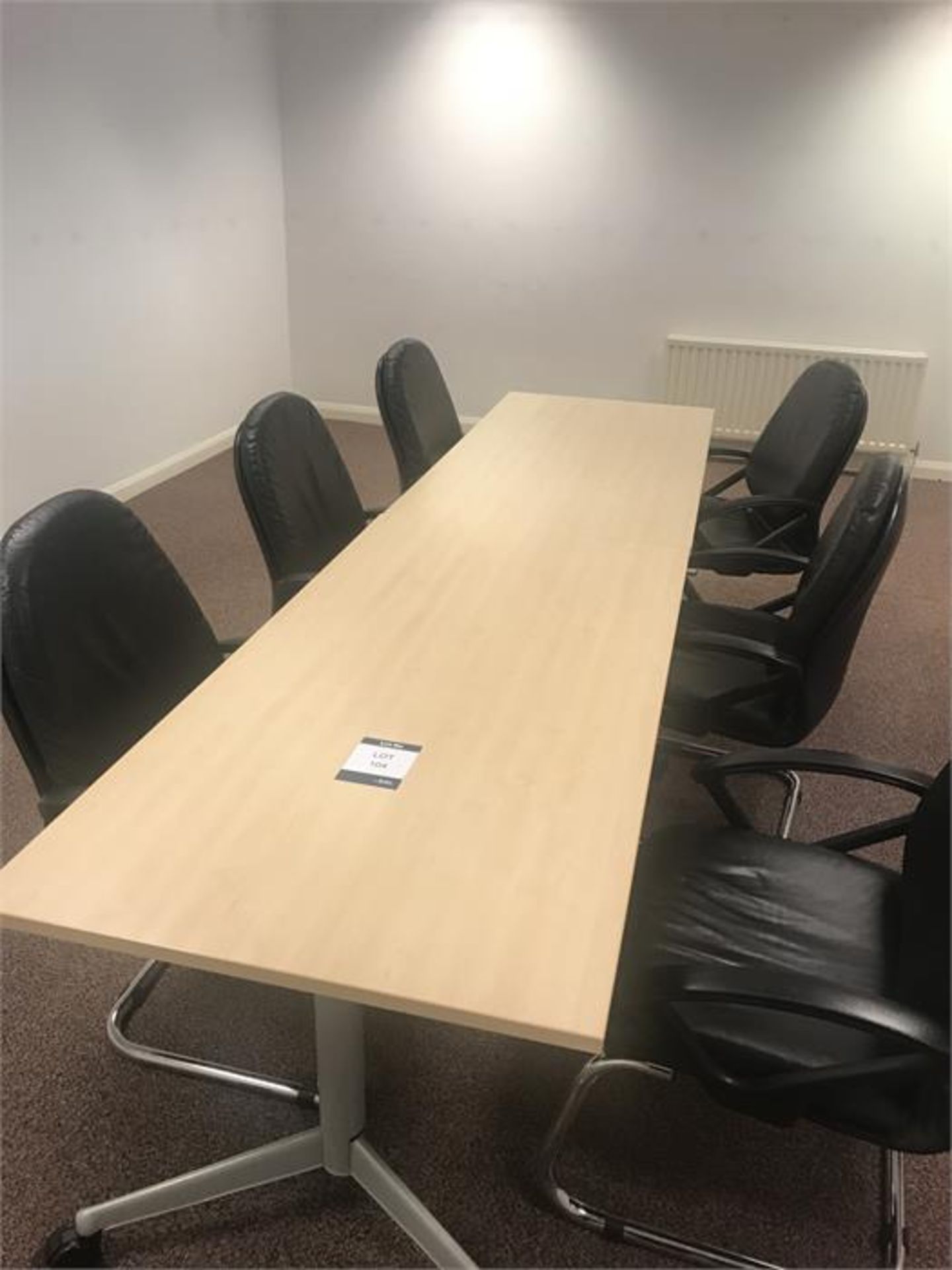 2 x meeting tables with 6 x matching chromed steel framed leather chairs