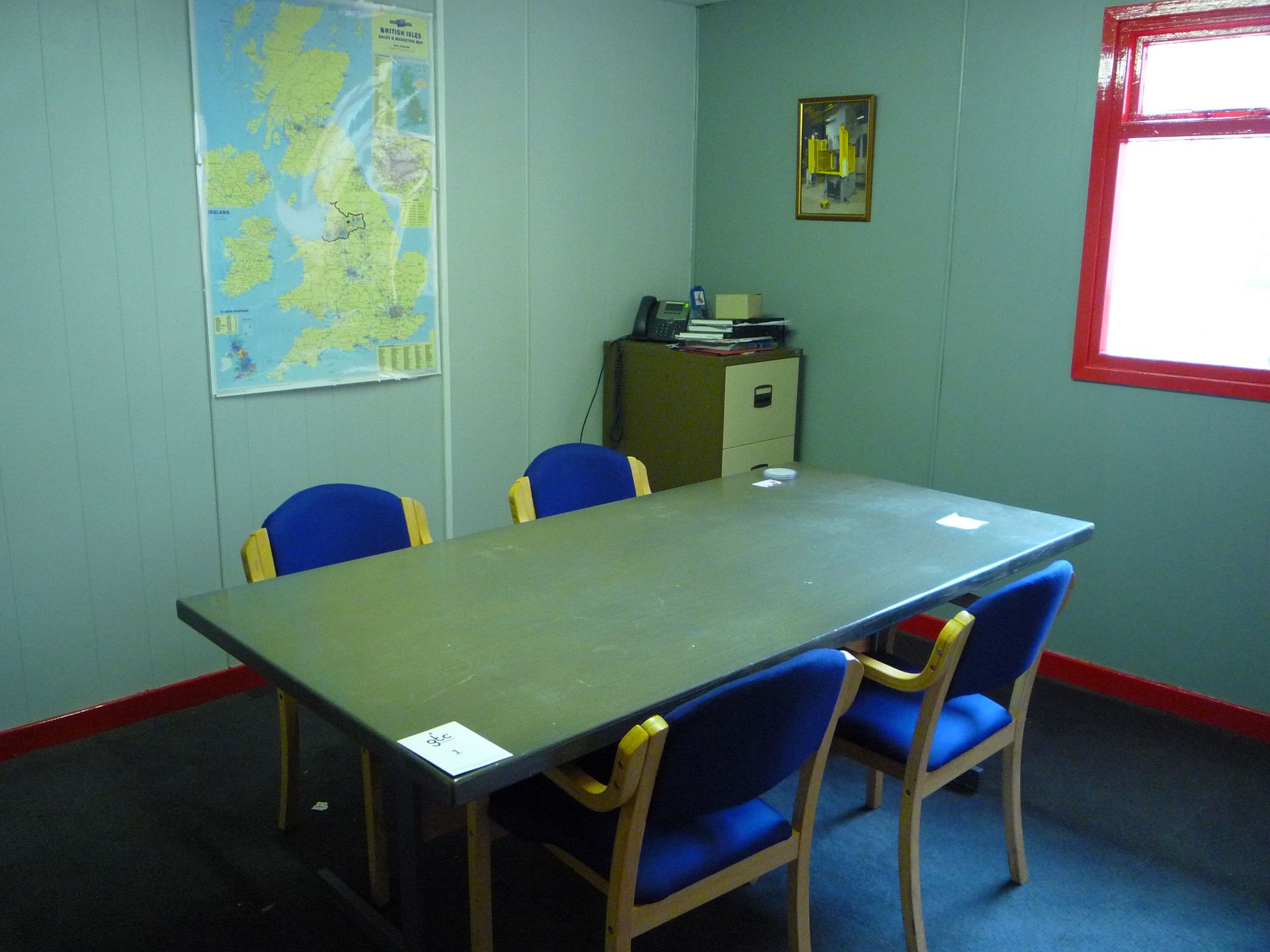 Contents of Office to Include: Wooden Meeting Room Table, 5 Upholstered Chairs, Metal 2 Drawer