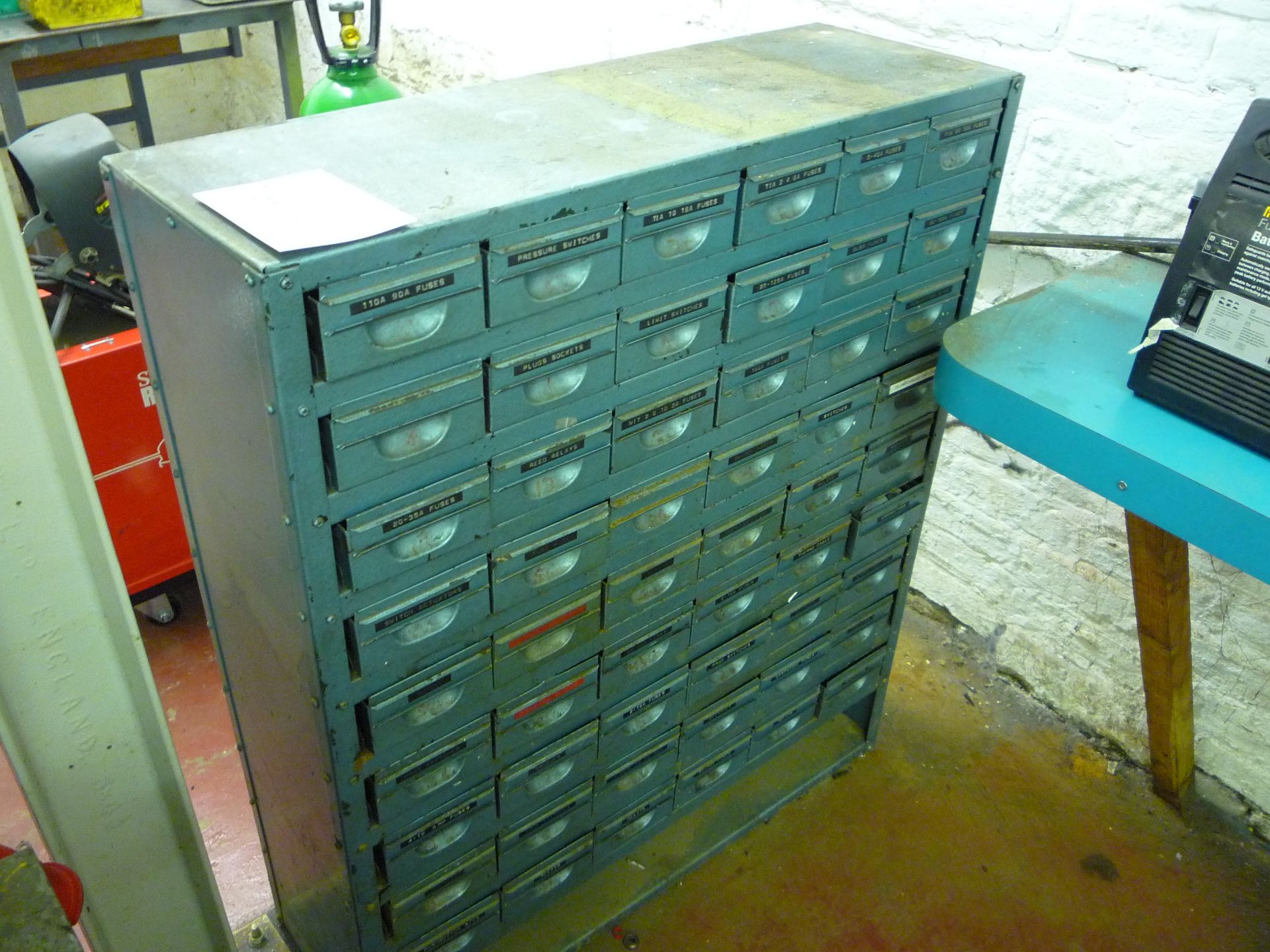 Steel Multi Drawer Storage Unit & Contents to Include: Electrical Fuses, Switches, Etc.